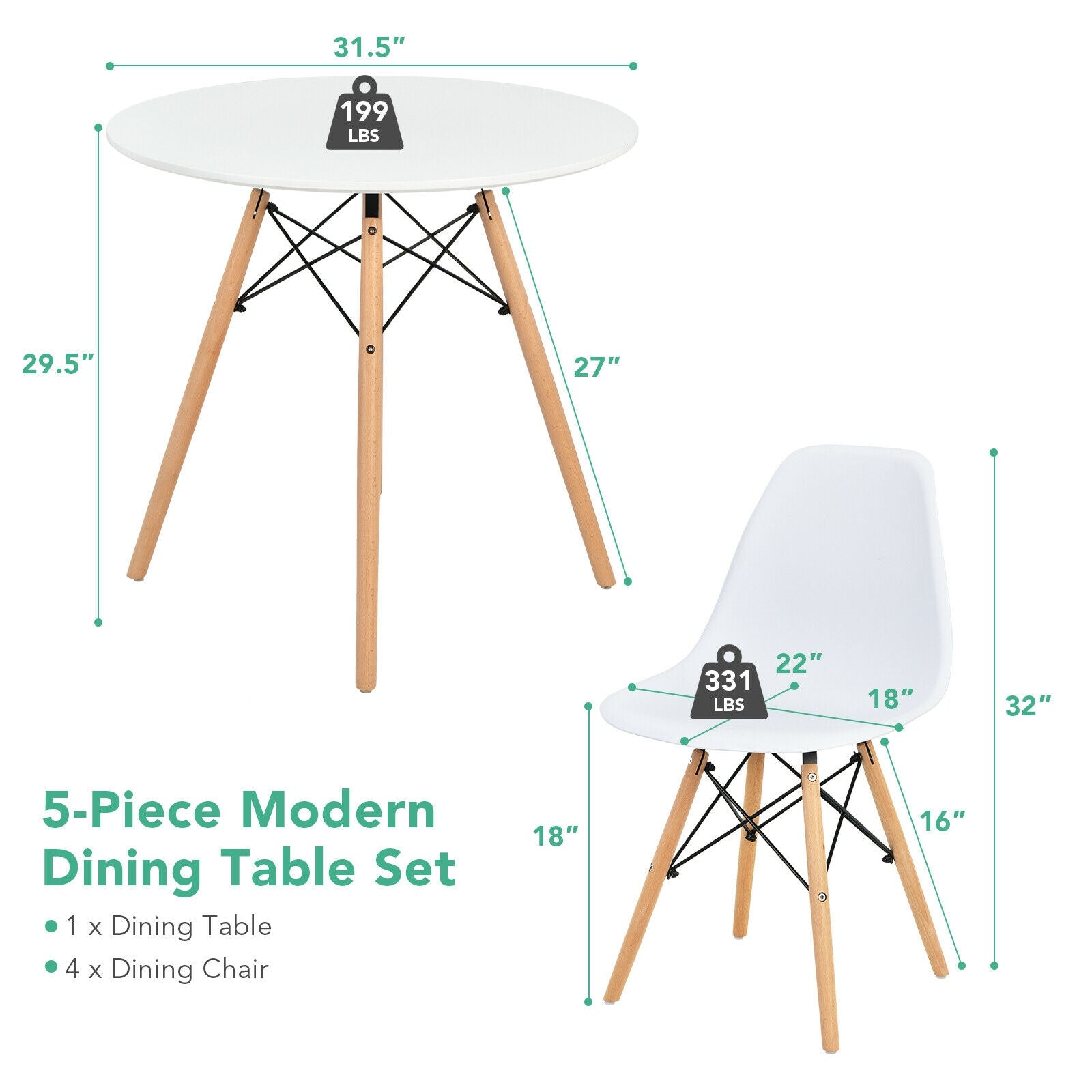 5 Pieces Table Set With Solid Wood Leg For Dining Room, White Dining Room Sets at Gallery Canada