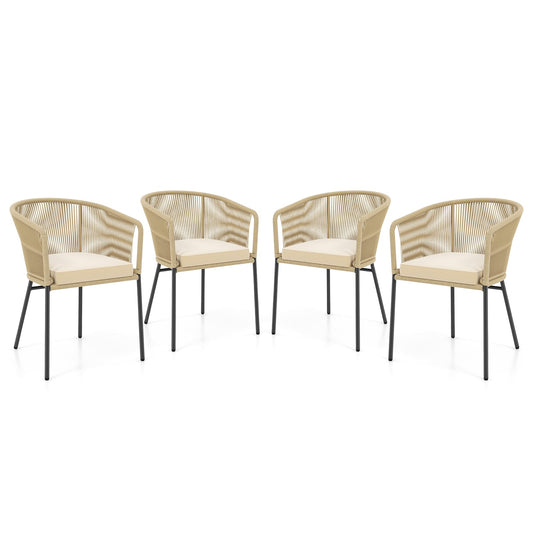 Patio Chairs Set of 4, Curved Backrest, Seat Cushion, Beige