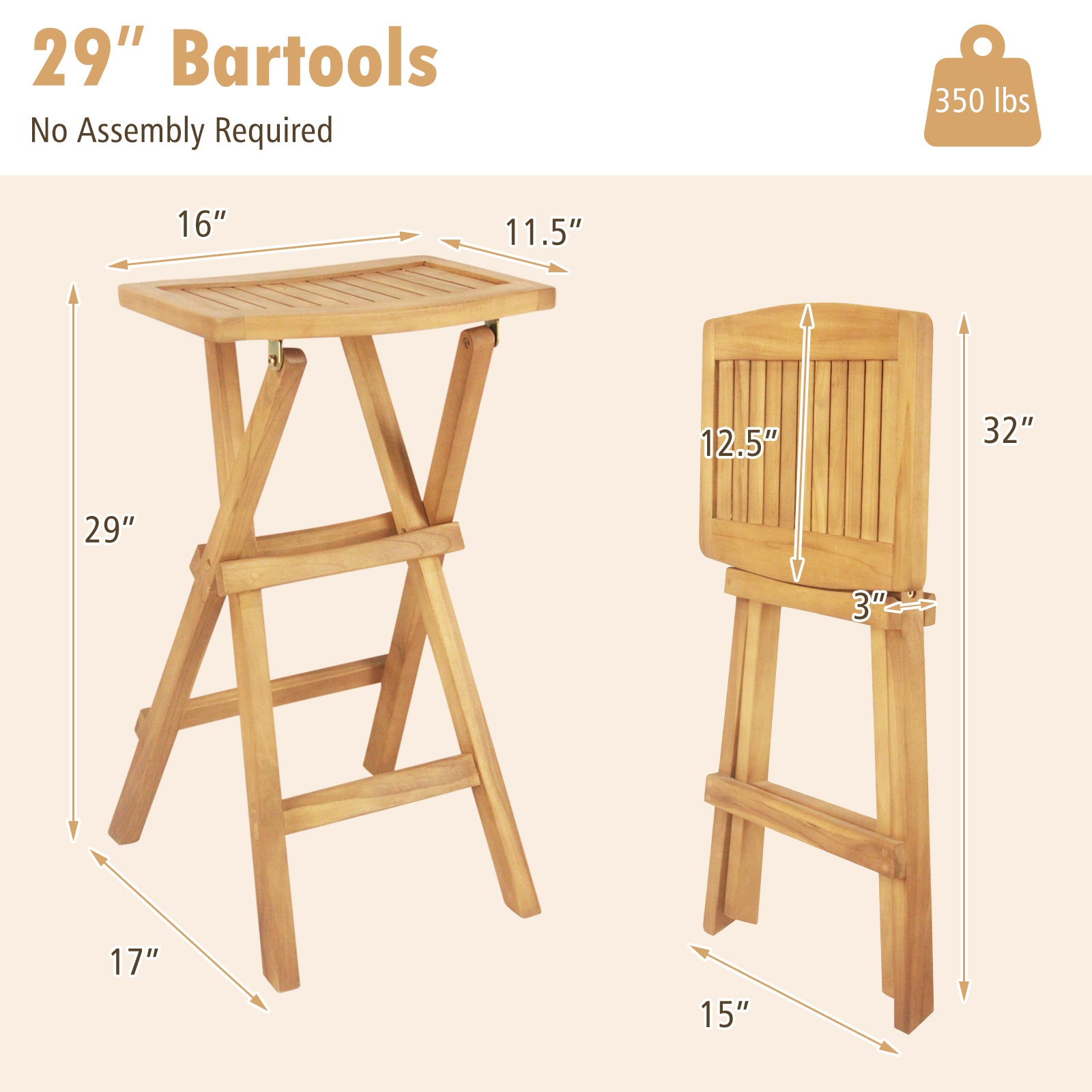 Set of 2 No Assembly Outdoor Bar Stools with Countered Seat, Natural Bar Stools at Gallery Canada