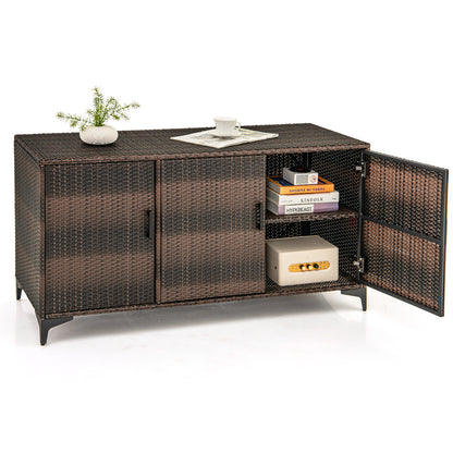 Boîte de terrasse en osier de 84 gallons, conteneur de rangement en rotin PE à 3 portes, marron