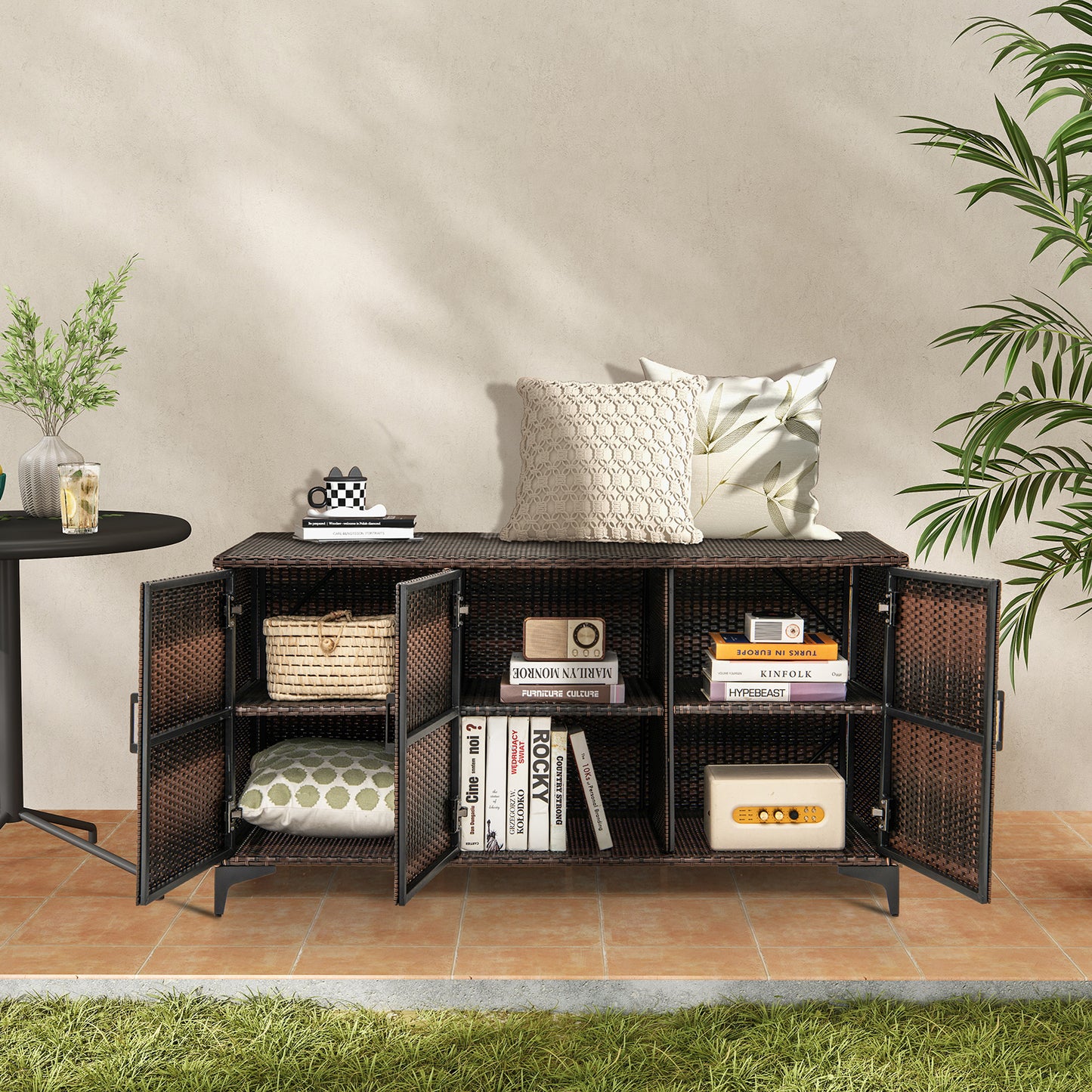 84 Gallon Patio Wicker Deck Box 3-Door PE Rattan Storage Container with Removable Shelves, Brown Sheds & Outdoor Storage at Gallery Canada