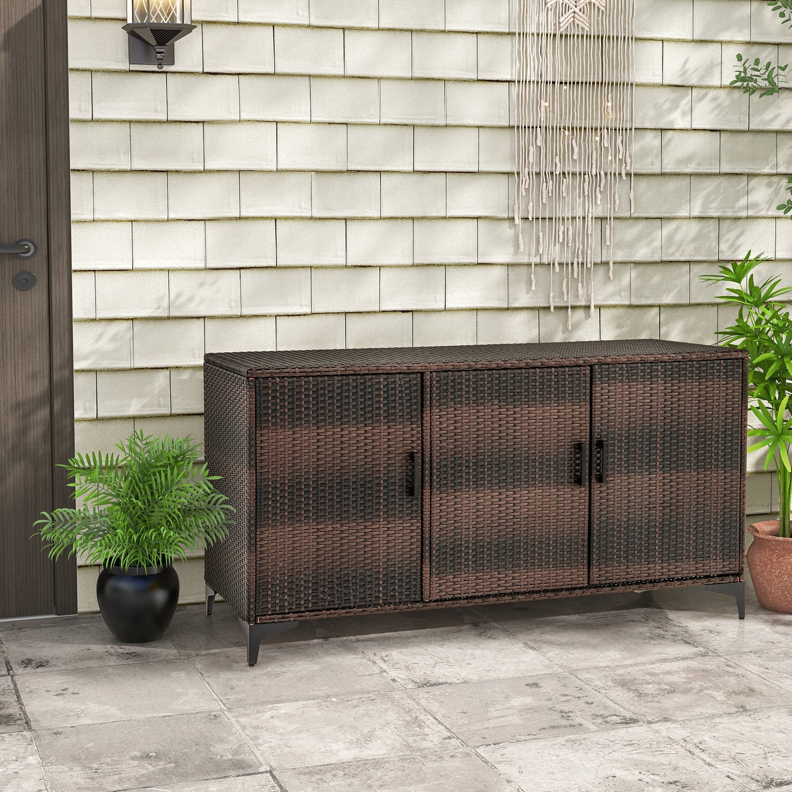 84 Gallon Patio Wicker Deck Box, 3-Door PE Rattan Storage Container, Brown Sheds & Outdoor Storage at Gallery Canada