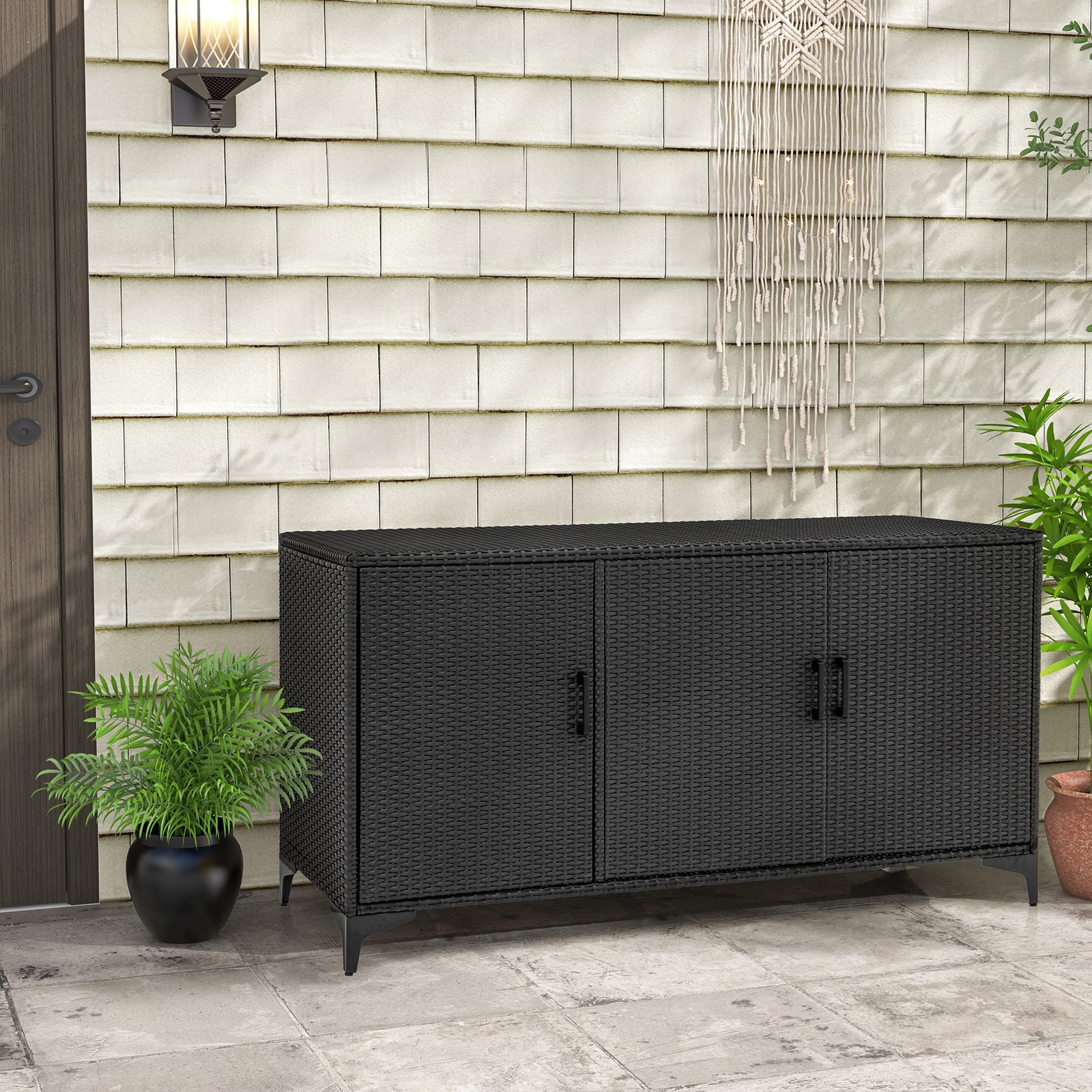 84 Gallon Patio Wicker Deck Box, 3-Door PE Rattan Storage Container, Black Sheds & Outdoor Storage at Gallery Canada