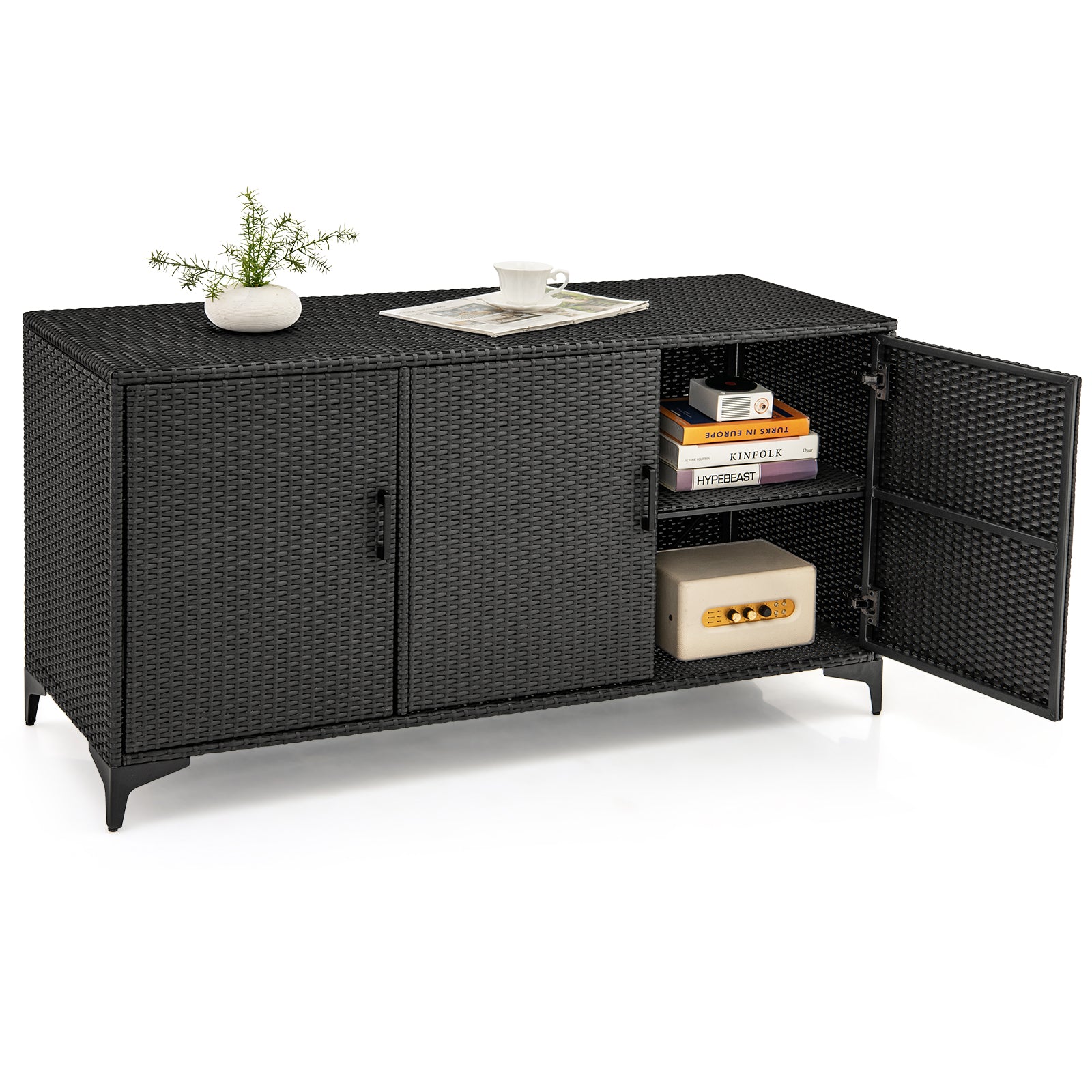 84 Gallon Patio Wicker Deck Box, 3-Door PE Rattan Storage Container, Black Sheds & Outdoor Storage Black at Gallery Canada