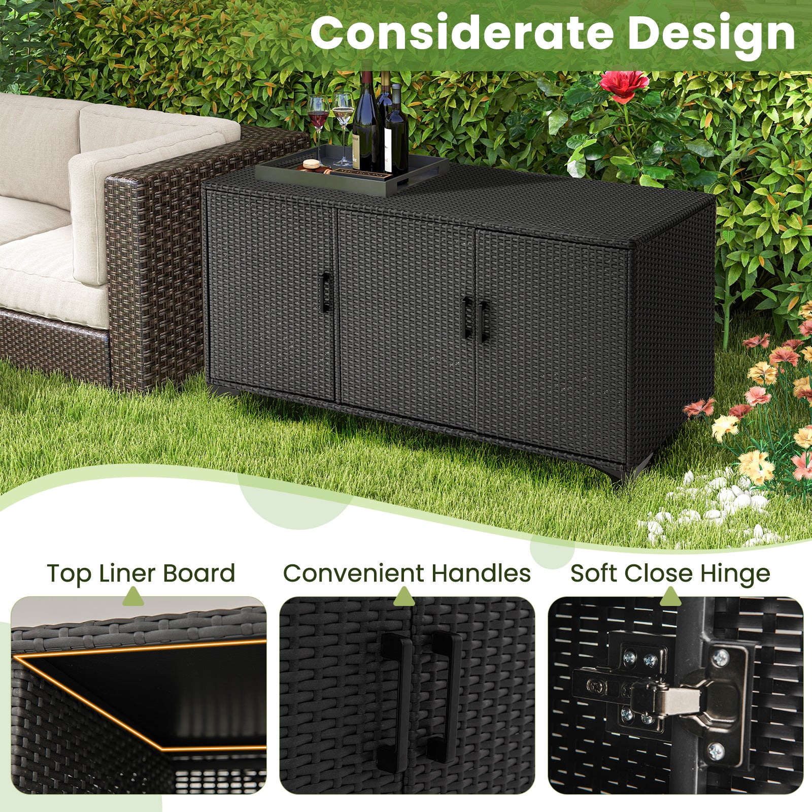 84 Gallon Patio Wicker Deck Box, 3-Door PE Rattan Storage Container, Black Sheds & Outdoor Storage at Gallery Canada
