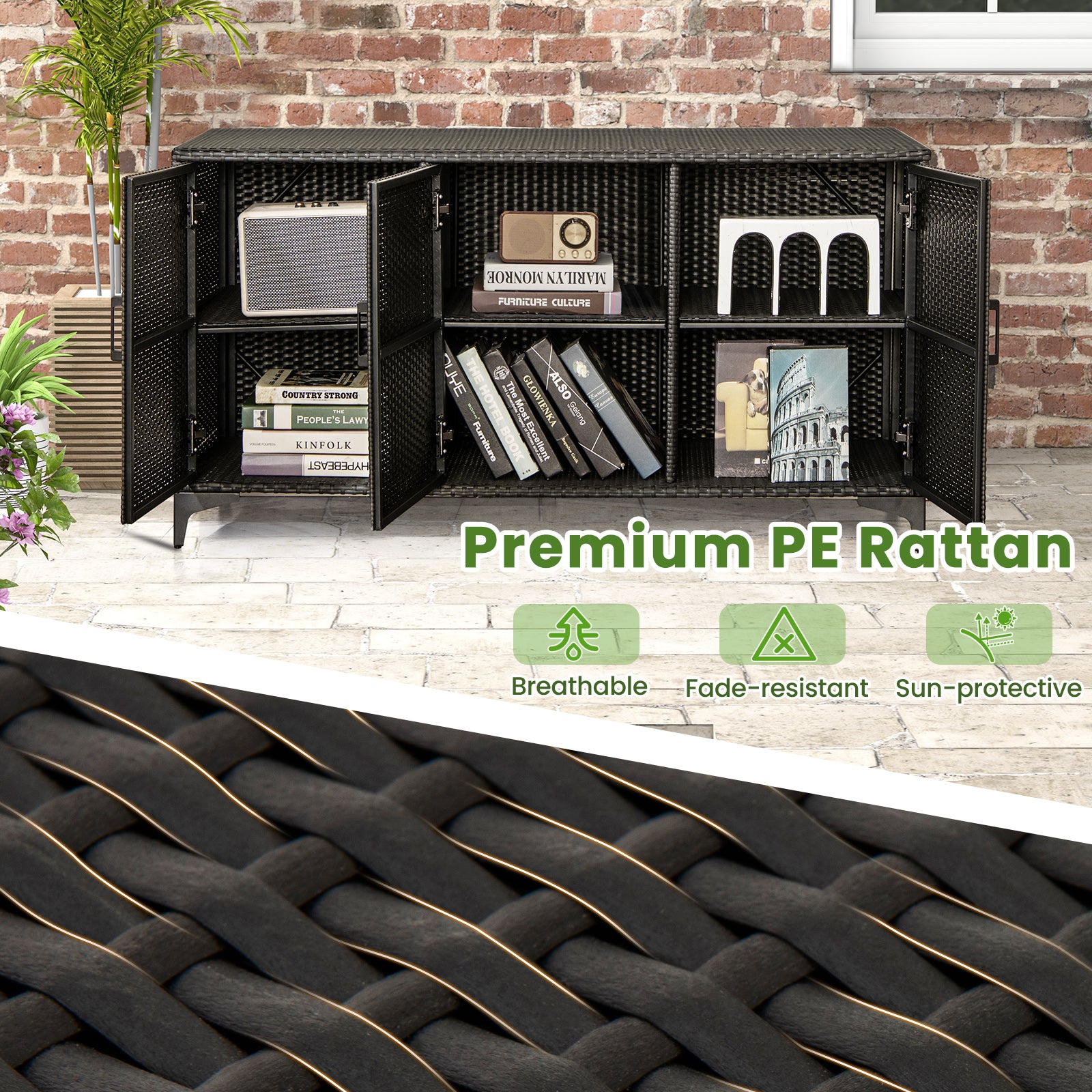 84 Gallon Patio Wicker Deck Box, 3-Door PE Rattan Storage Container, Black Sheds & Outdoor Storage at Gallery Canada