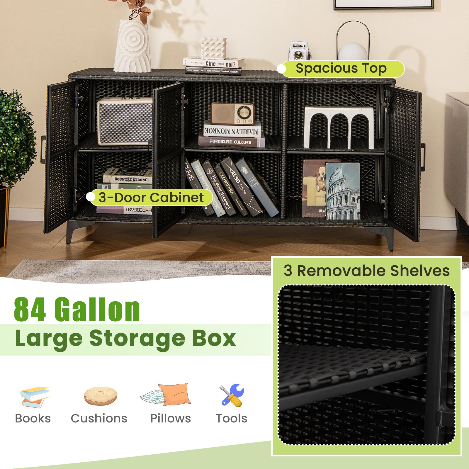 84 Gallon Patio Wicker Deck Box, 3-Door PE Rattan Storage Container, Black Sheds & Outdoor Storage at Gallery Canada