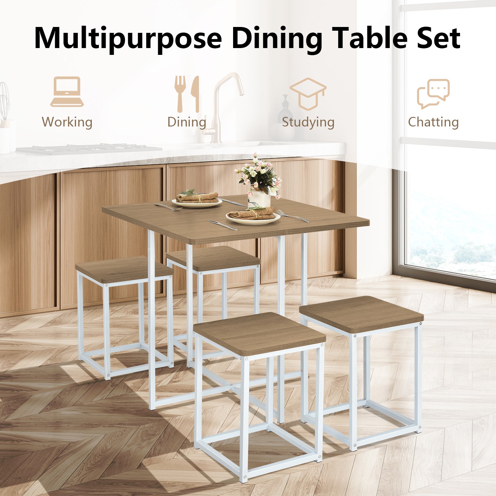 5 Pieces Metal Frame Dining Set with Compact Dining Table and 4 Stools, Natural Dining Room Sets at Gallery Canada