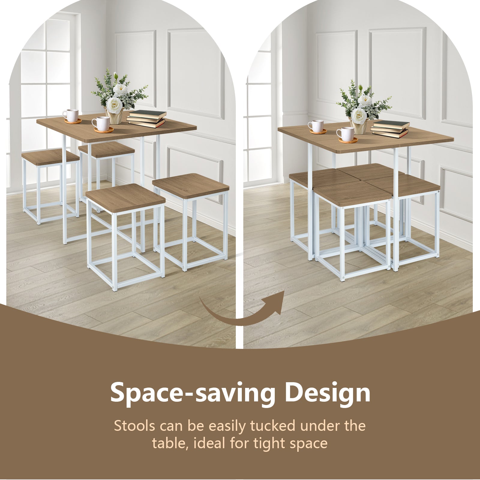 5 Pieces Metal Frame Dining Set with Compact Dining Table and 4 Stools, Natural Dining Room Sets at Gallery Canada