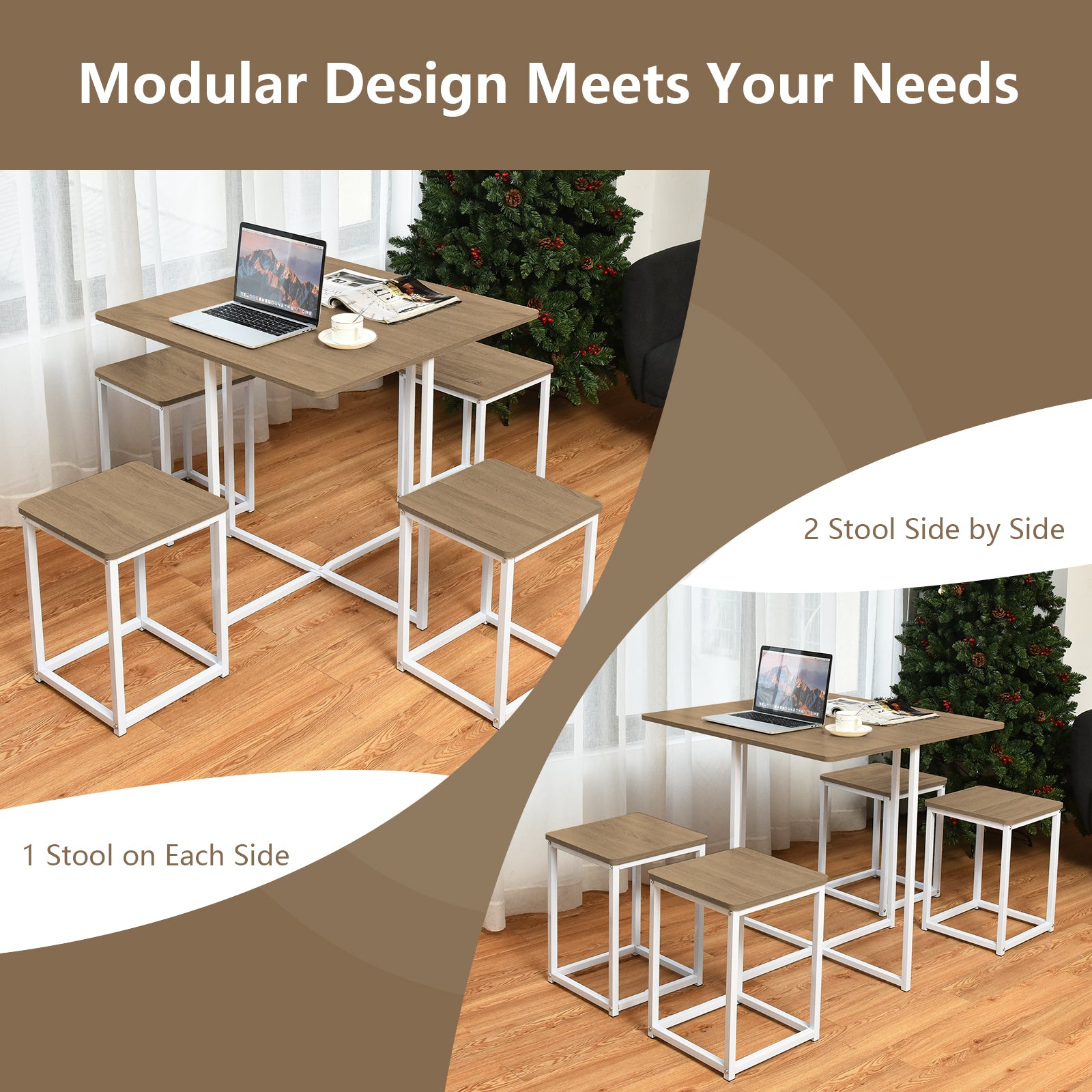 5 Pieces Metal Frame Dining Set with Compact Dining Table and 4 Stools, Natural Dining Room Sets at Gallery Canada