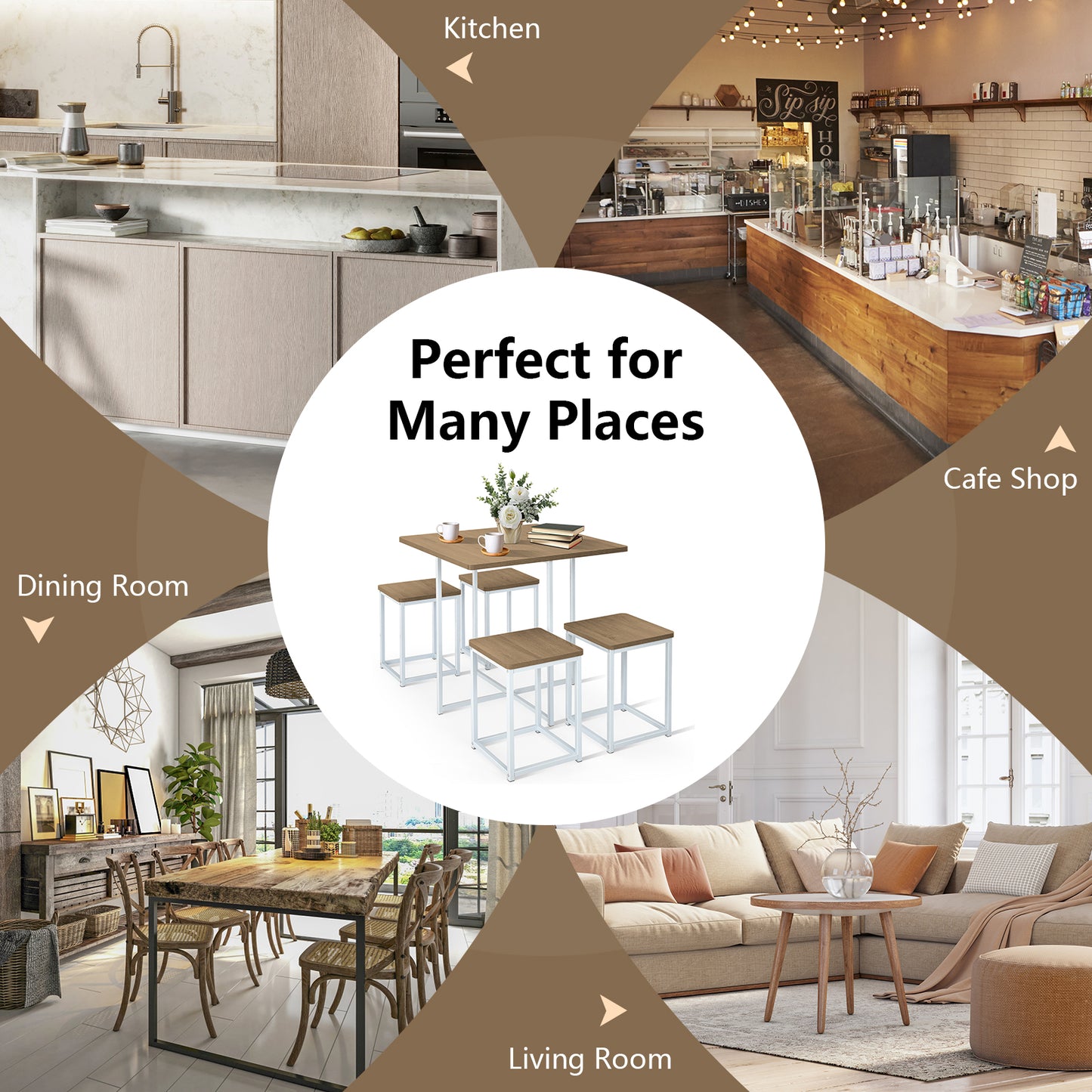 5 Pieces Metal Frame Dining Set with Compact Dining Table and 4 Stools, Natural Dining Room Sets at Gallery Canada