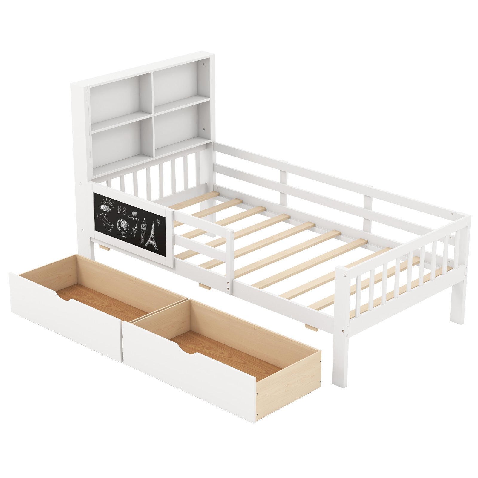Twin/Full Size Bed Frame with 2 Drawers and Bookcase for Boys and Girls-Twin Size Toddler Beds at Gallery Canada