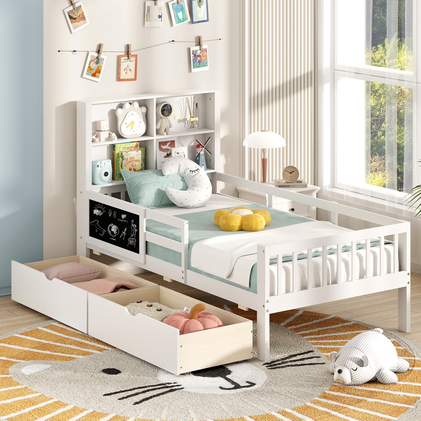 Twin/Full Size Bed Frame with 2 Drawers and Bookcase for Boys and Girls-Twin Size Toddler Beds at Gallery Canada