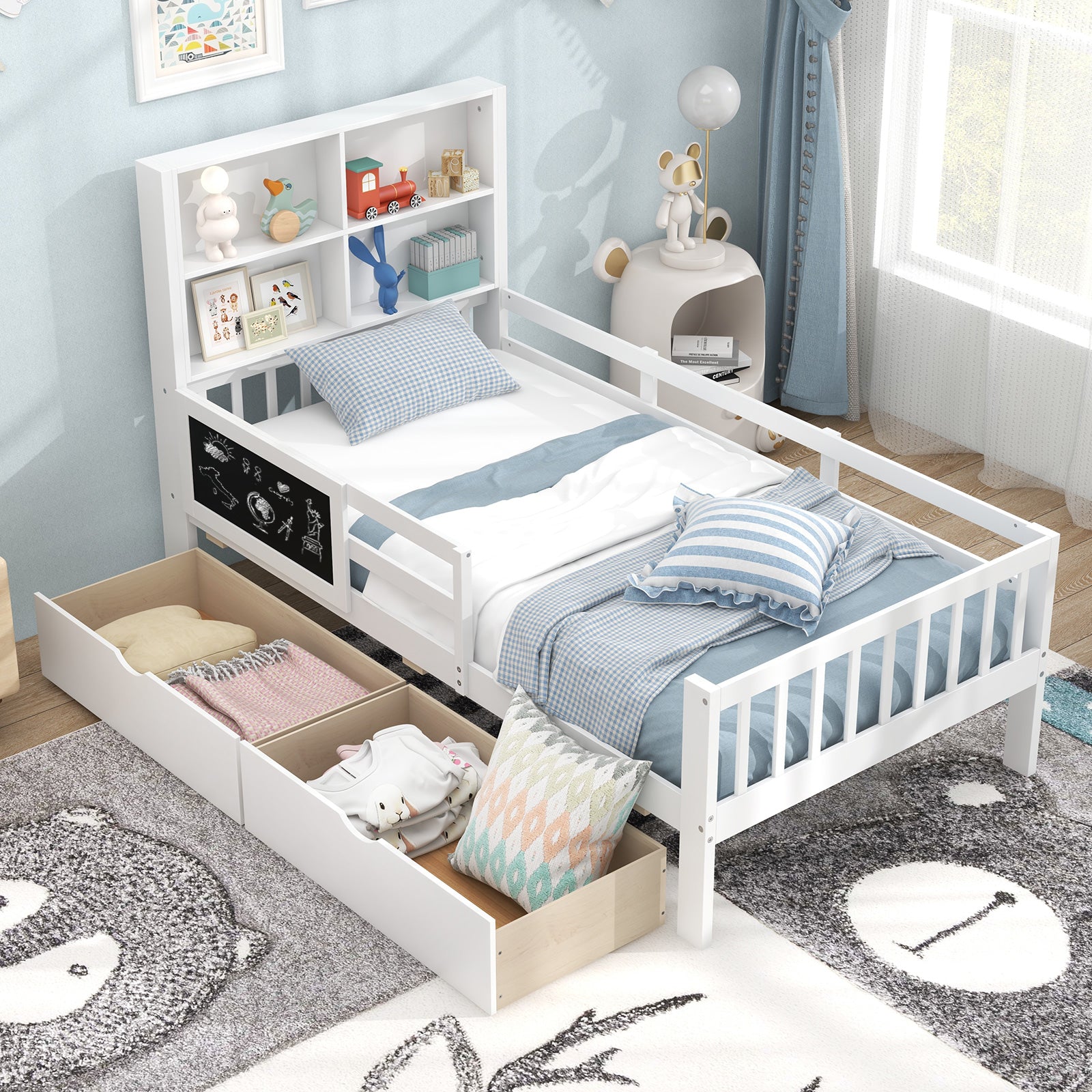 Twin/Full Size Bed Frame with 2 Drawers and Bookcase for Boys and Girls-Twin Size Toddler Beds at Gallery Canada
