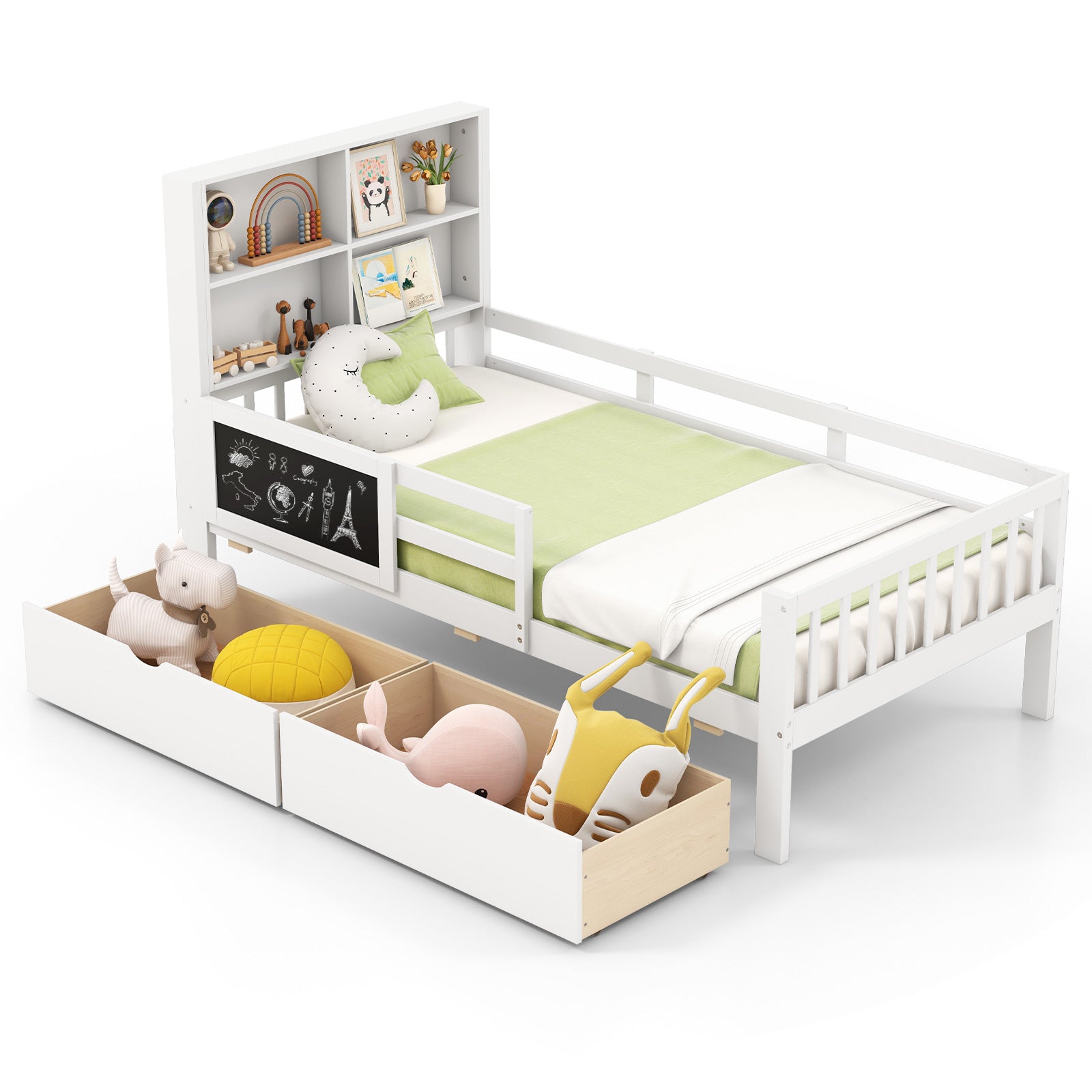 Twin/Full Size Bed Frame with 2 Drawers and Bookcase for Boys and Girls-Twin Size Toddler Beds at Gallery Canada