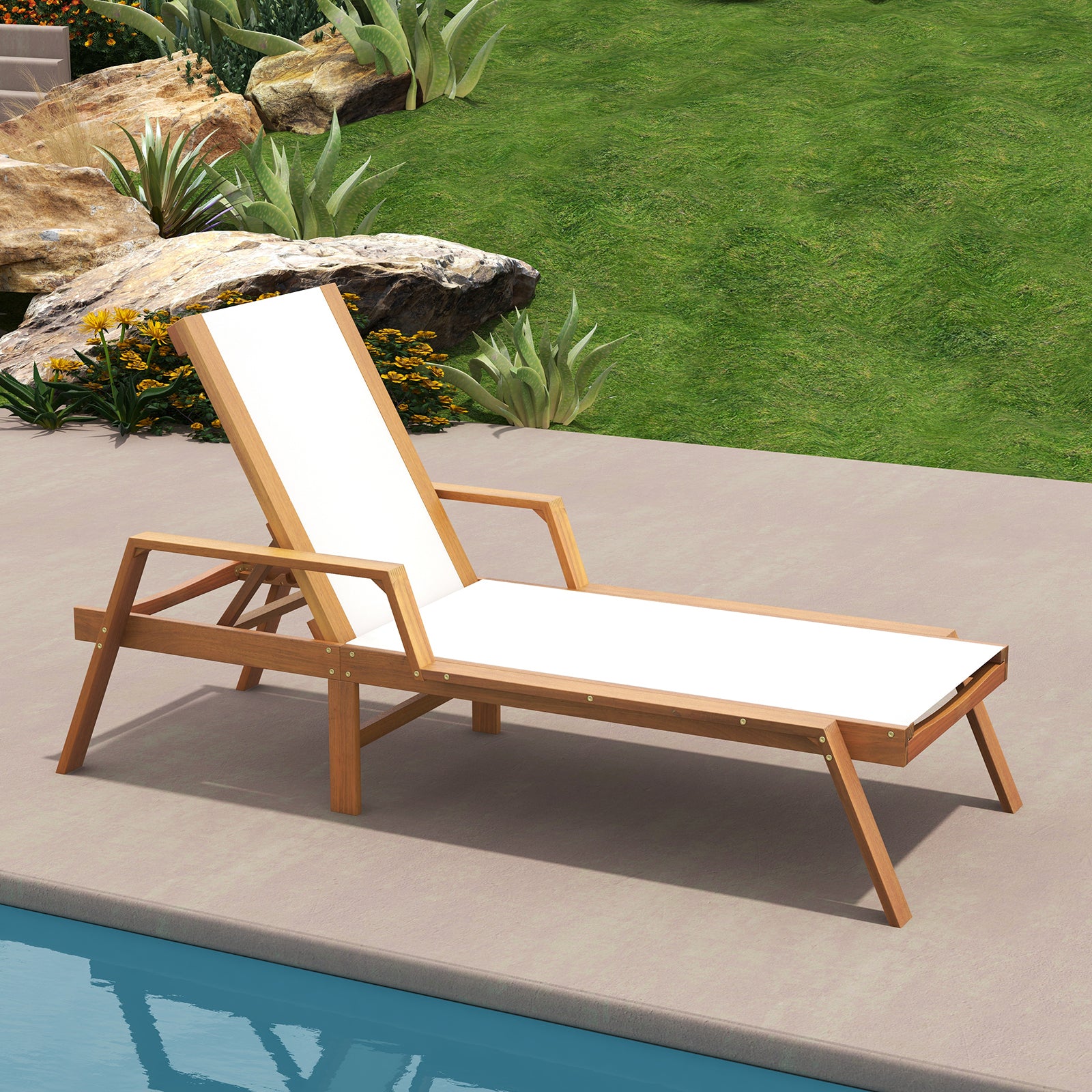 Patio Chaise Lounge Chair with Armrests and Fabric Seat for Backyard, White Outdoor Chaise Lounges at Gallery Canada