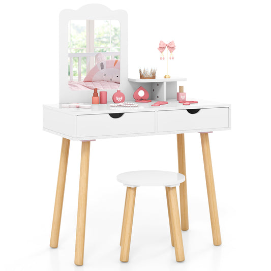 Kid Vanity Table Chair Set, Mirror, 2 Large Storage Drawers, White