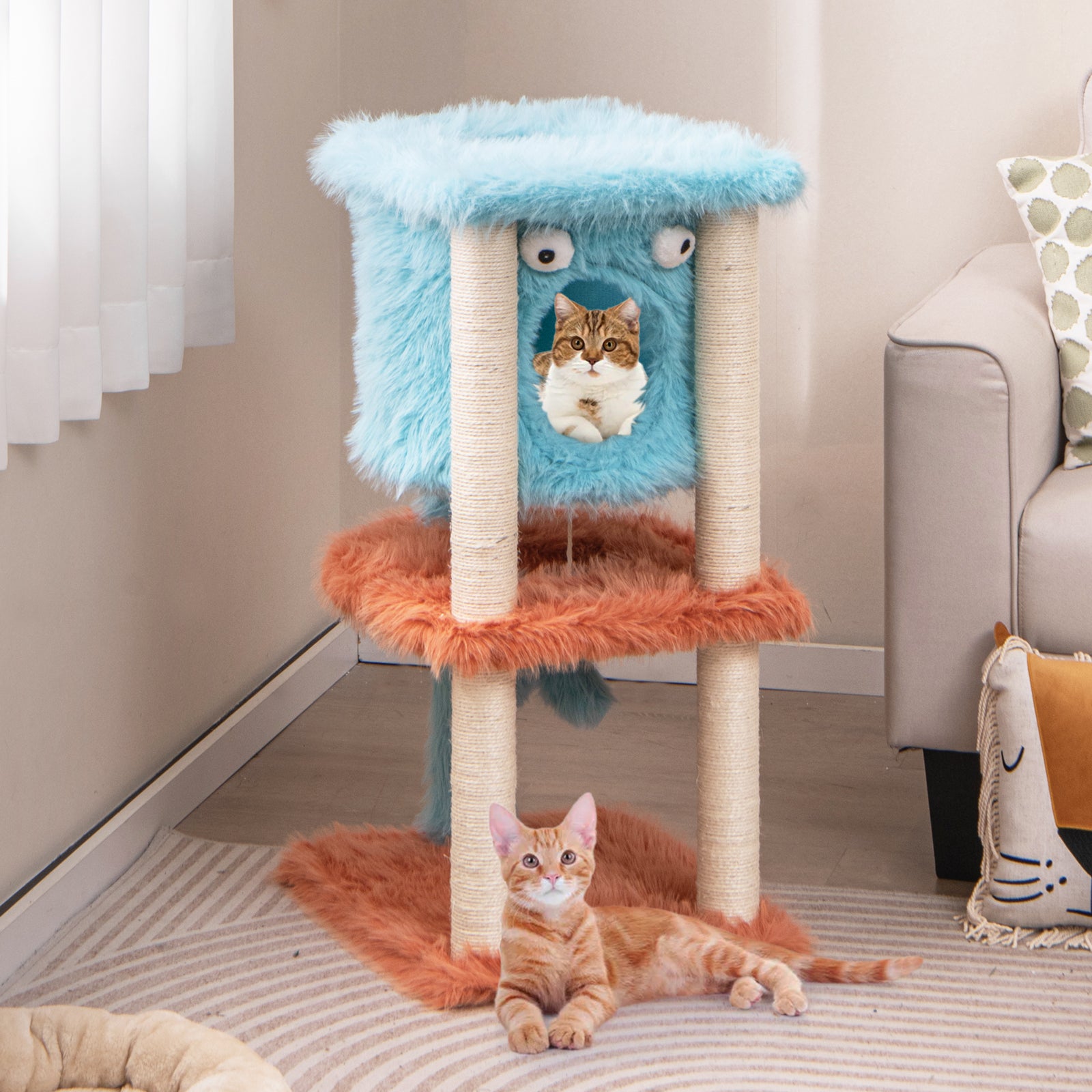 Cute Monster-Themed Cat Tower with Private Condo and Soft Long Plush, Blue Cat Trees Condos & Scratchers at Gallery Canada