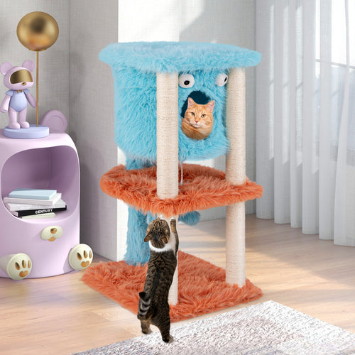 Cute Monster-Themed Cat Tower with Private Condo and Soft Long Plush, Blue