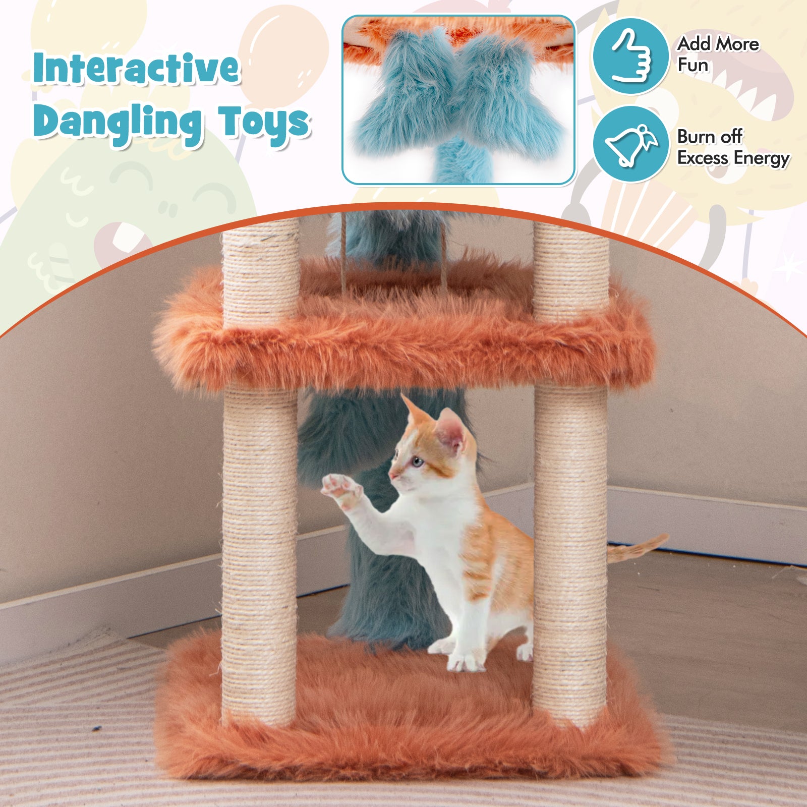 Cute Monster-Themed Cat Tower with Private Condo and Soft Long Plush, Blue Cat Trees Condos & Scratchers at Gallery Canada