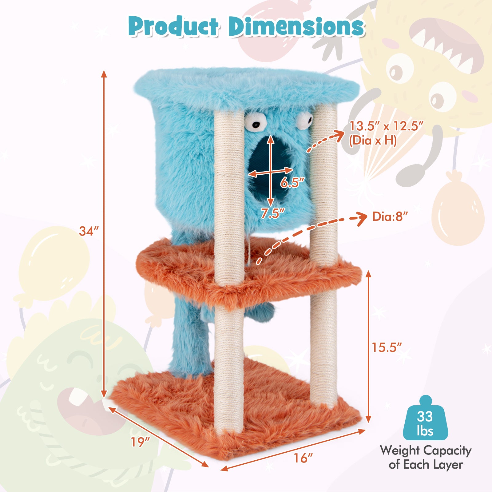 Cute Monster-Themed Cat Tower with Private Condo and Soft Long Plush, Blue Cat Trees Condos & Scratchers at Gallery Canada