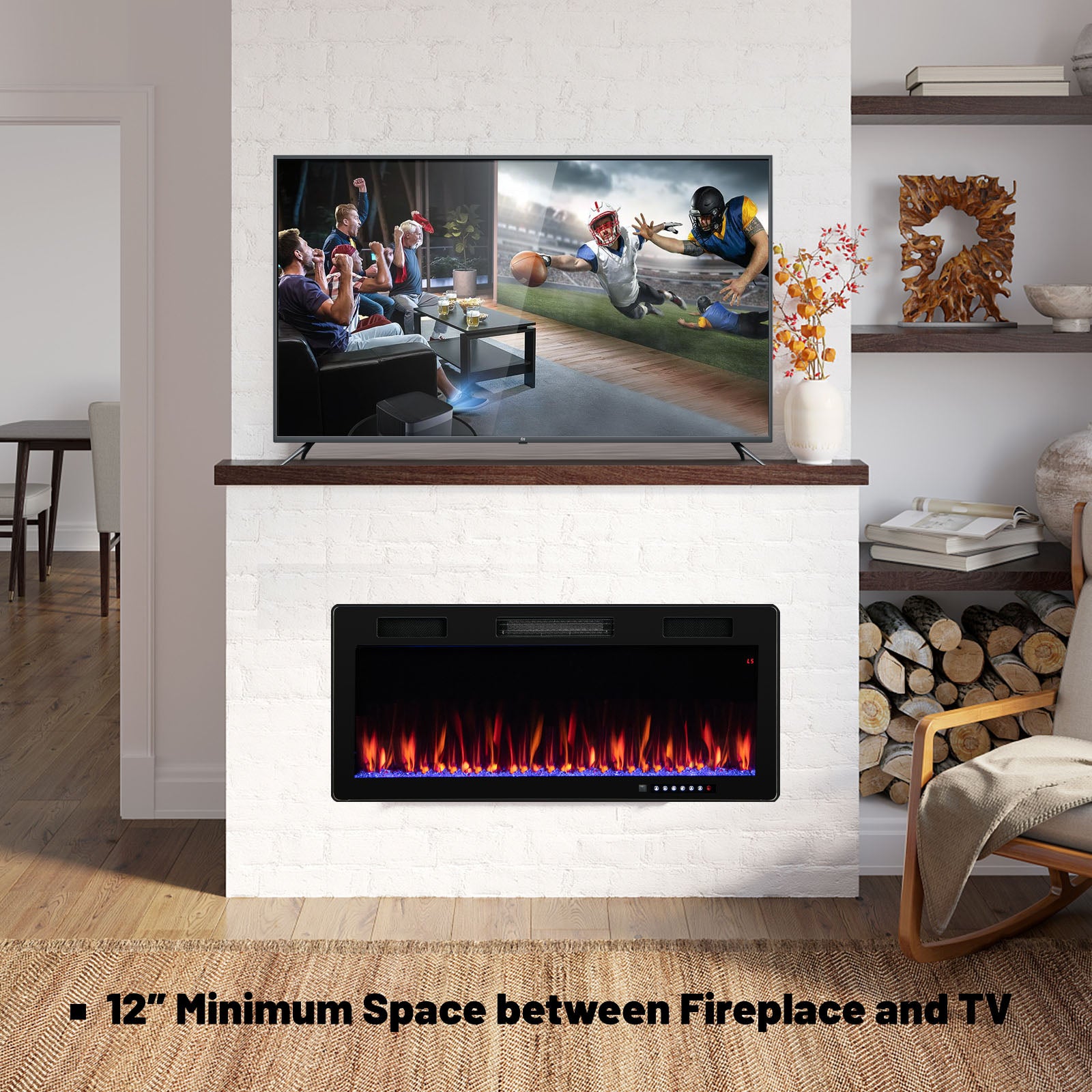 Electric Fireplace 40/50/60 Inches Recessed and Wall Mounted for 2' x 6' Stud-40 Inches, Black Fireplaces at Gallery Canada