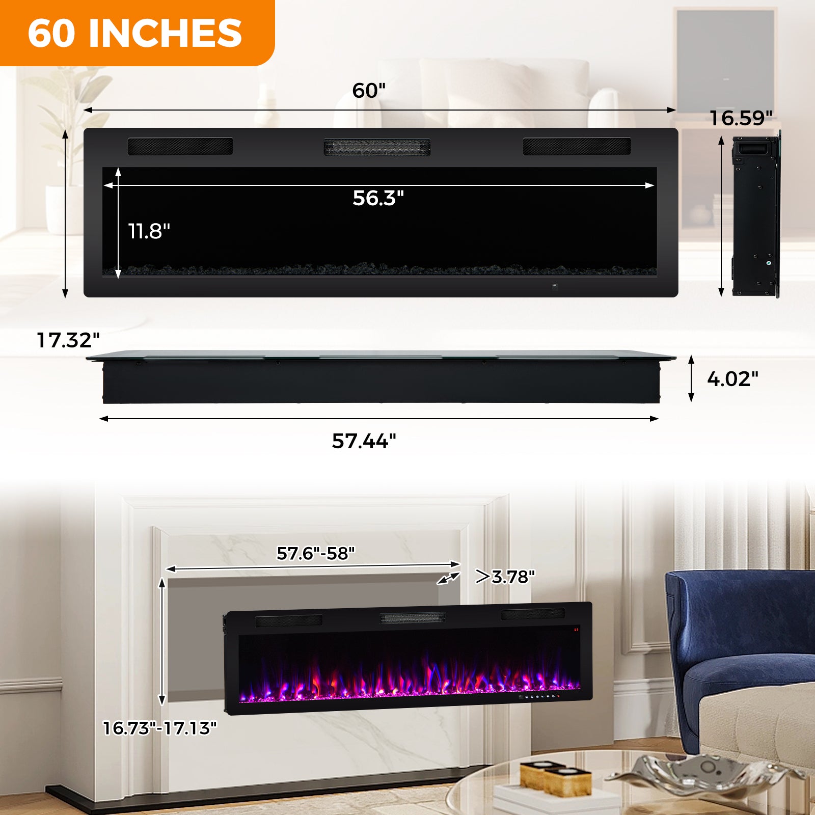 Electric Fireplace 40/50/60 Inches Recessed and Wall Mounted for 2' x 6' Stud-60 inches, Black Fireplaces at Gallery Canada