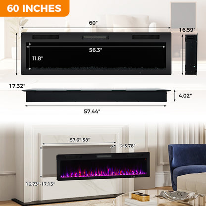 Electric Fireplace 40/50/60 Inches Recessed and Wall Mounted for 2' x 6' Stud-60 inches, Black Fireplaces at Gallery Canada