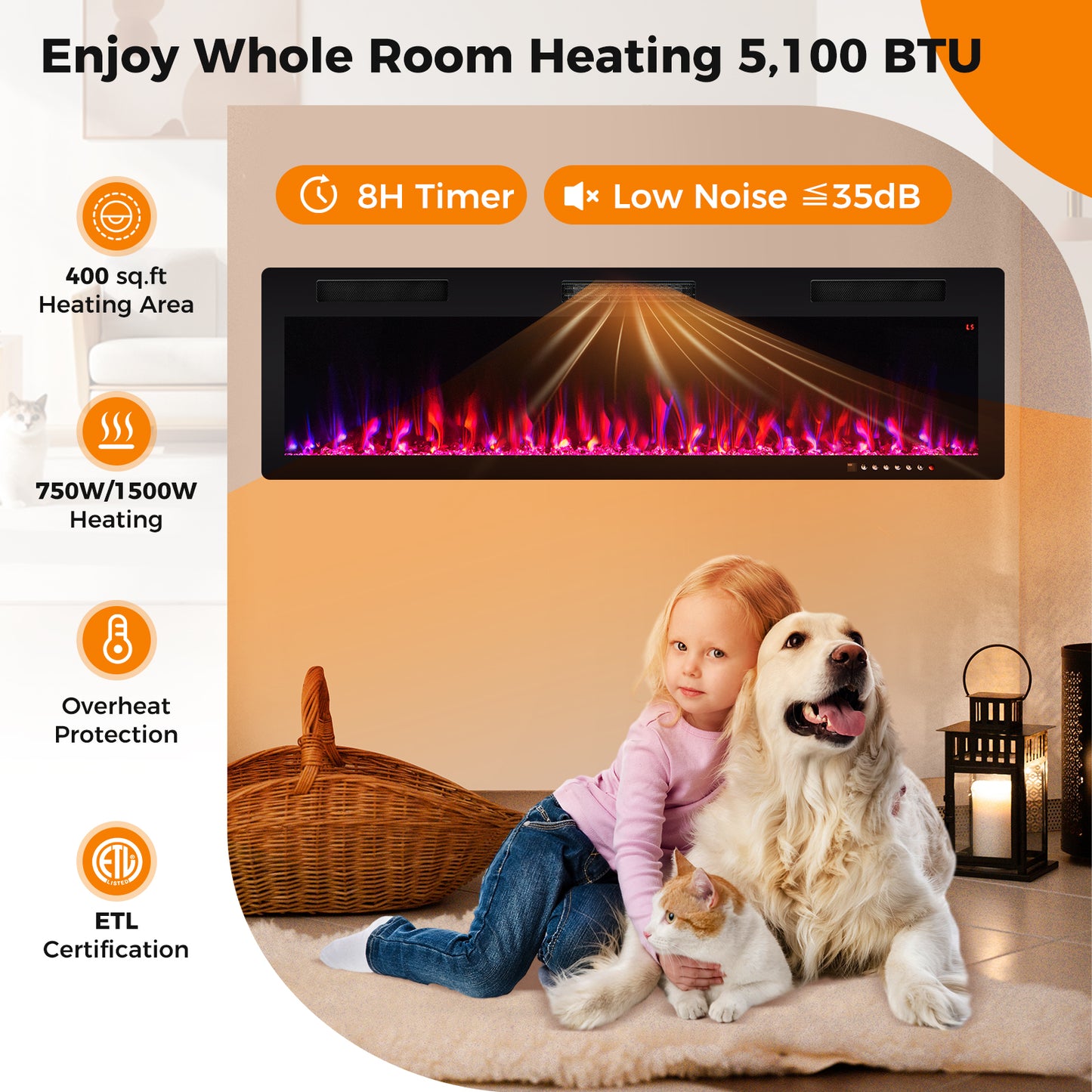 Electric Fireplace 40/50/60 Inches Recessed and Wall Mounted for 2' x 6' Stud-60 inches, Black Fireplaces at Gallery Canada