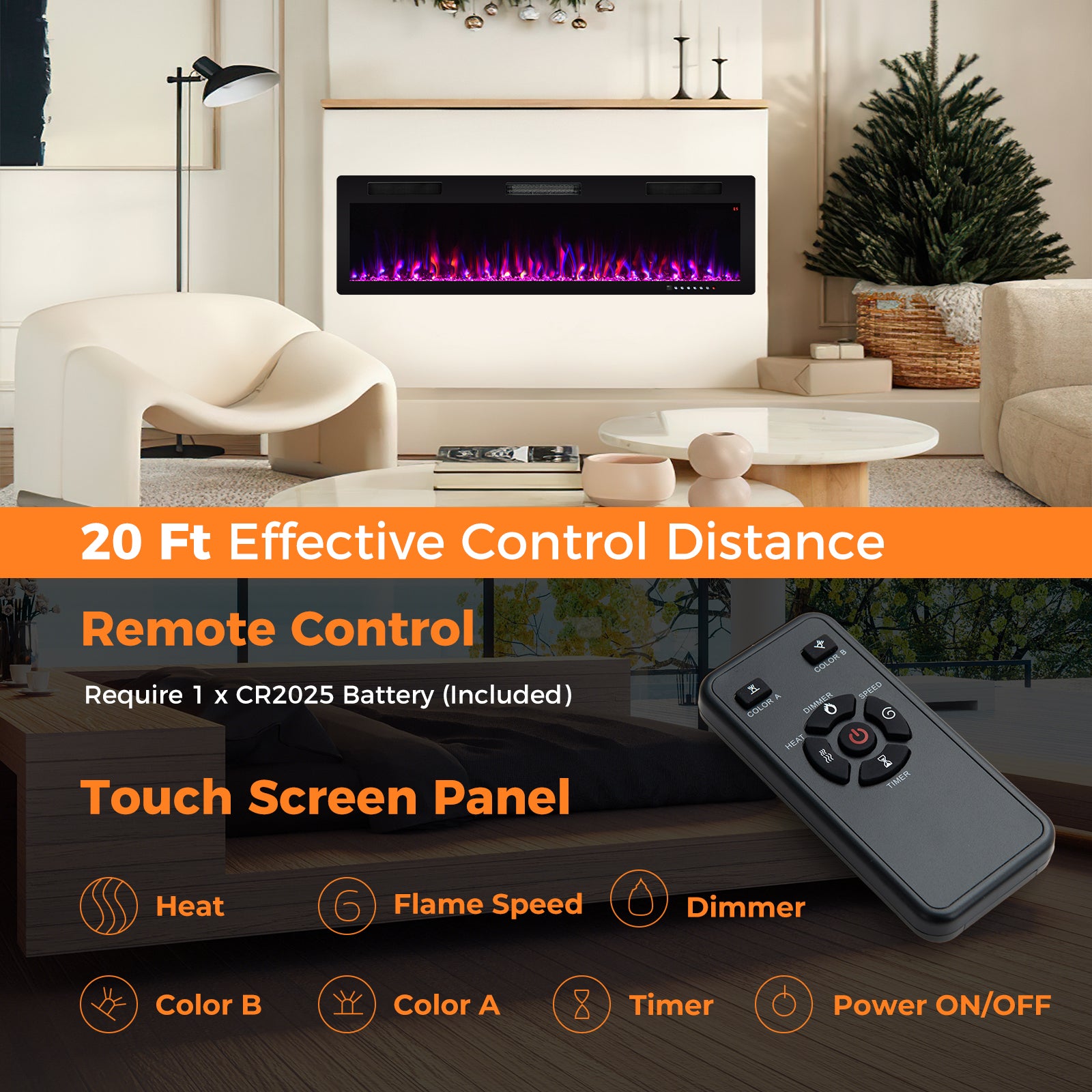 Electric Fireplace 40/50/60 Inches Recessed and Wall Mounted for 2' x 6' Stud-60 inches, Black Fireplaces at Gallery Canada