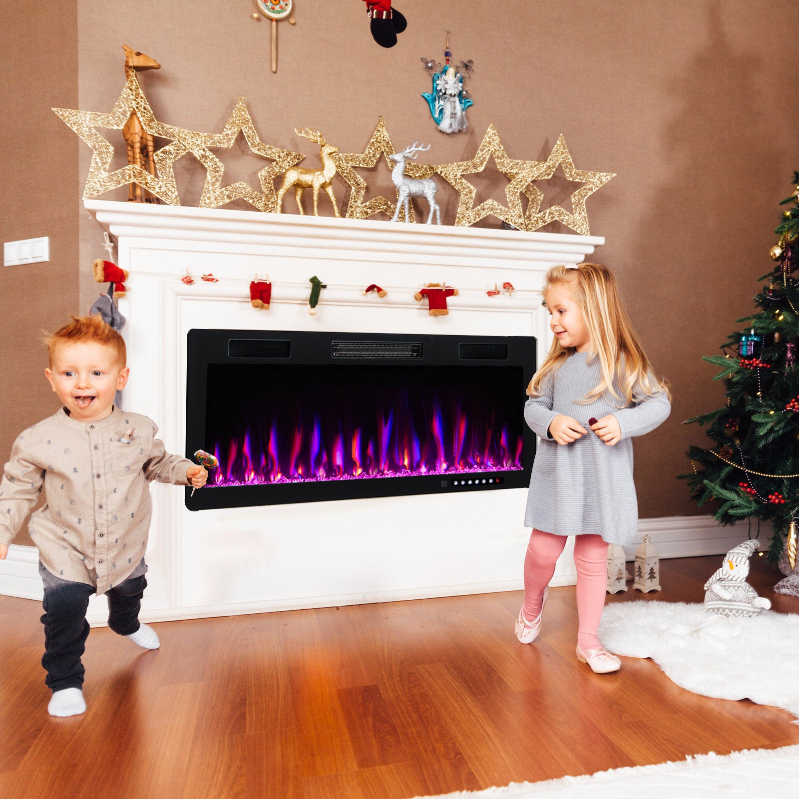 Electric Fireplace 40/50/60 Inches Recessed and Wall Mounted for 2' x 6' Stud-50 inches, Black Fireplaces at Gallery Canada