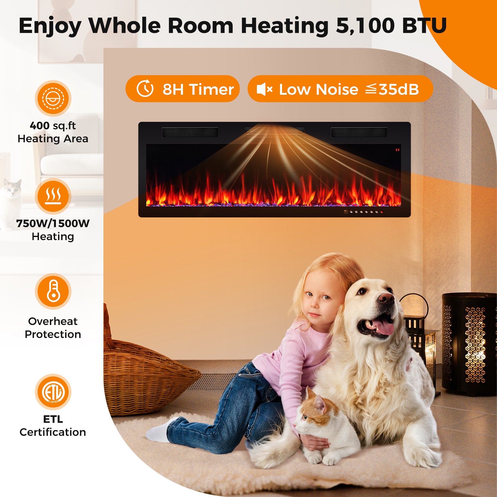 Electric Fireplace 40/50/60 Inches Recessed and Wall Mounted for 2' x 6' Stud-50 inches, Black Fireplaces at Gallery Canada