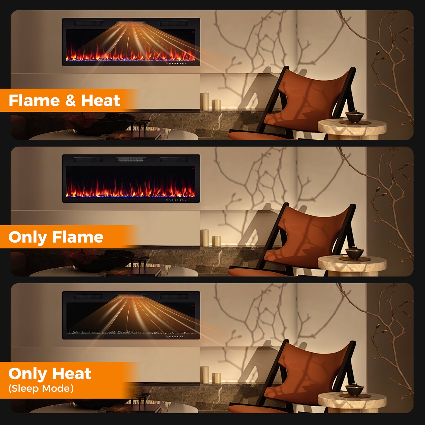 Electric Fireplace 40/50/60 Inches Recessed and Wall Mounted for 2' x 6' Stud-50 inches, Black Fireplaces at Gallery Canada