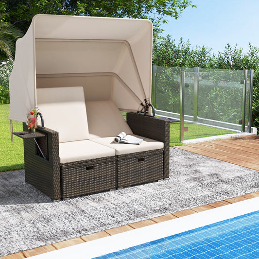 Outdoor Patio Rattan Daybed, Retractable Canopy, Adjustable Backrests, Beige Outdoor Sectionals Beige at Gallery Canada