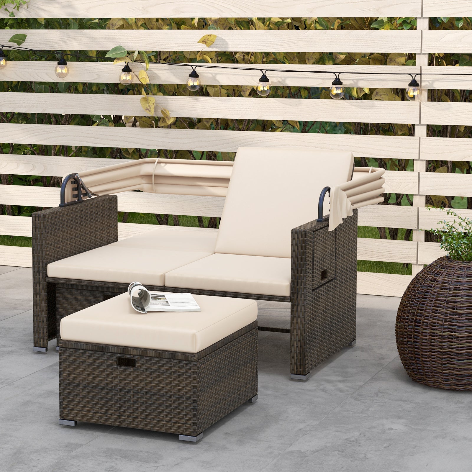 Outdoor Patio Rattan Daybed with Retractable Canopy and Adjustable Backrests, Beige Outdoor Sectionals at Gallery Canada