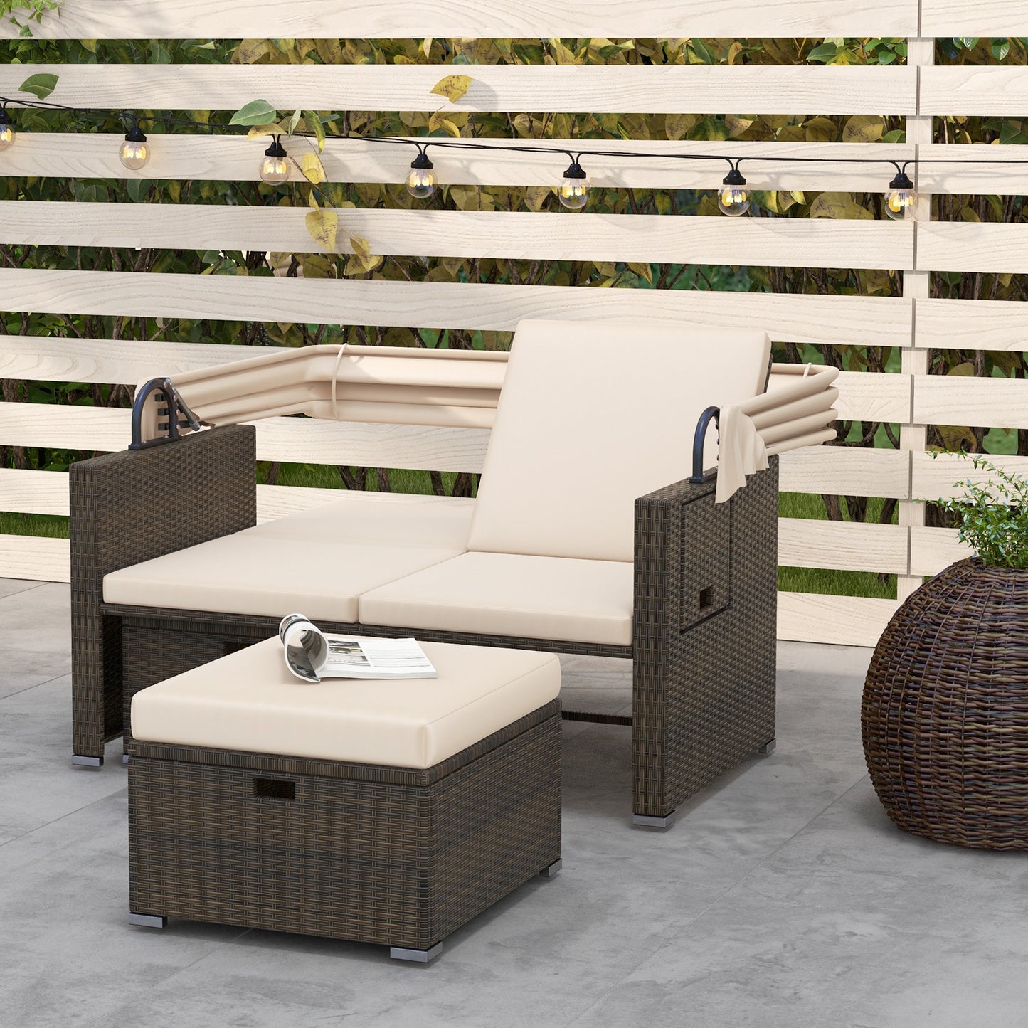 Outdoor Patio Rattan Daybed with Retractable Canopy and Adjustable Backrests, Beige Outdoor Sectionals at Gallery Canada