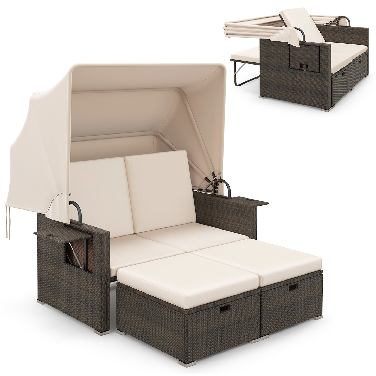 Lit de jour en rotin pour terrasse extérieure, auvent rétractable, dossiers réglables, couleur beige