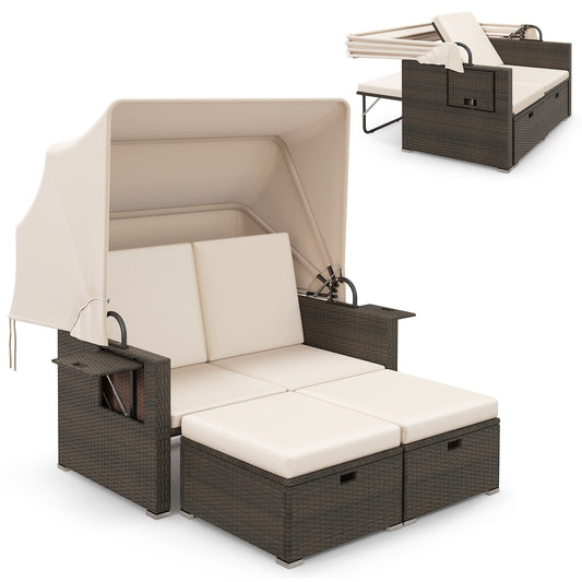 Outdoor Patio Rattan Daybed, Retractable Canopy, Adjustable Backrests, Beige