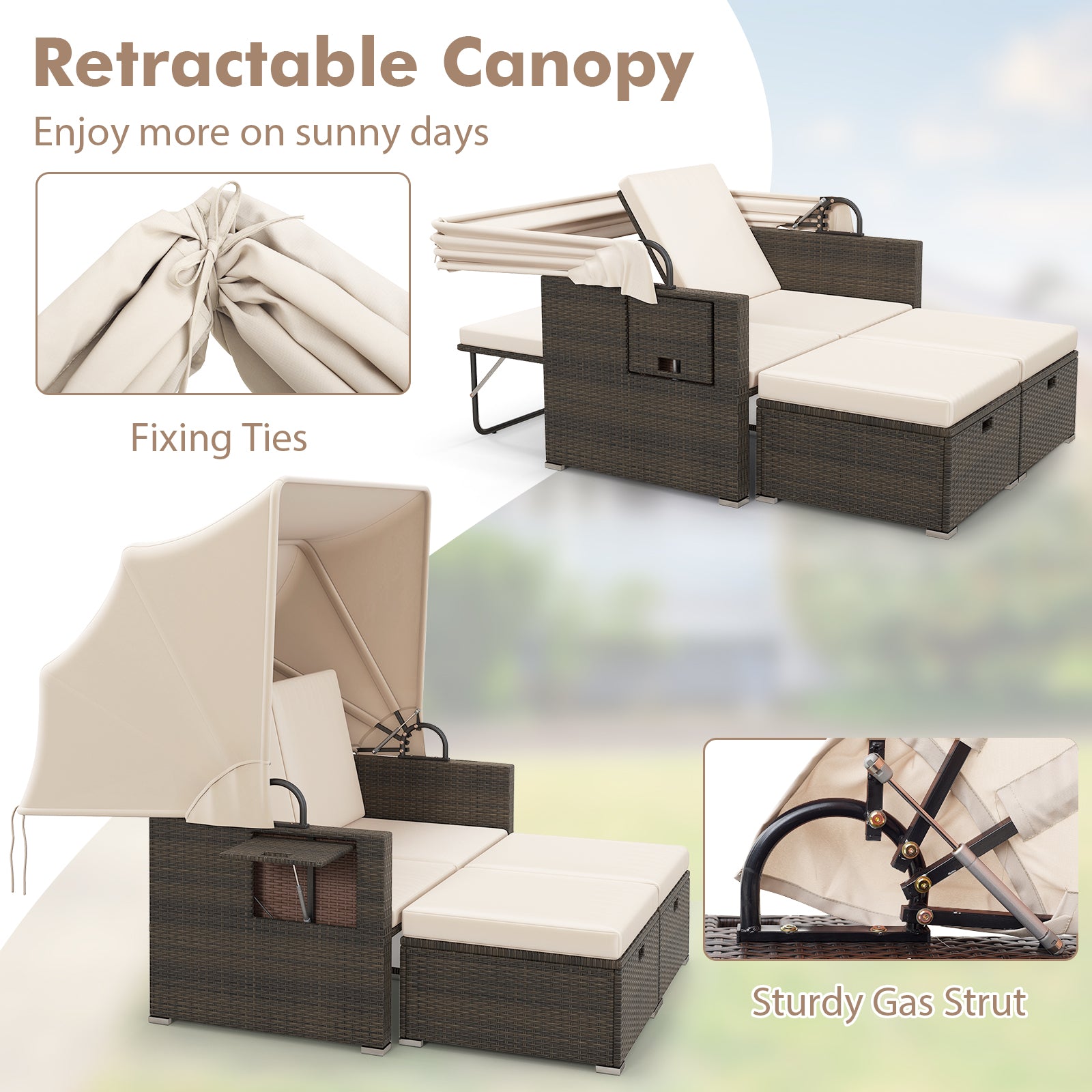 Outdoor Patio Rattan Daybed with Retractable Canopy and Adjustable Backrests, Beige Outdoor Sectionals at Gallery Canada