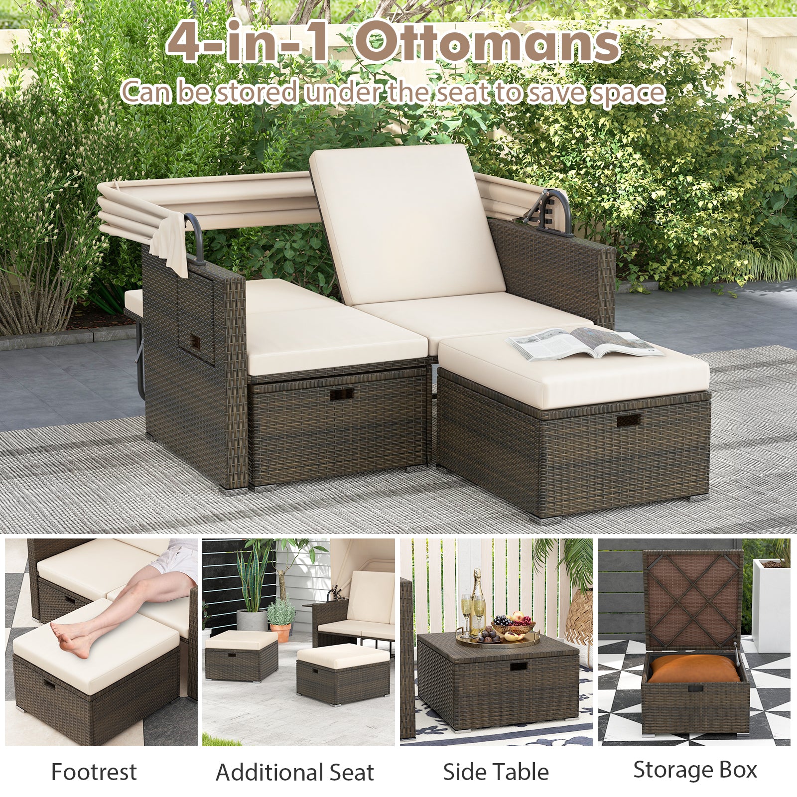 Outdoor Patio Rattan Daybed with Retractable Canopy and Adjustable Backrests, Beige Outdoor Sectionals at Gallery Canada