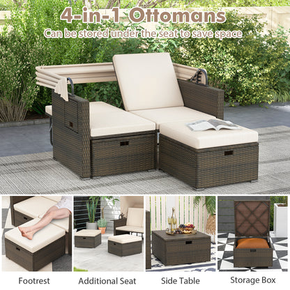 Outdoor Patio Rattan Daybed with Retractable Canopy and Adjustable Backrests, Beige Outdoor Sectionals at Gallery Canada