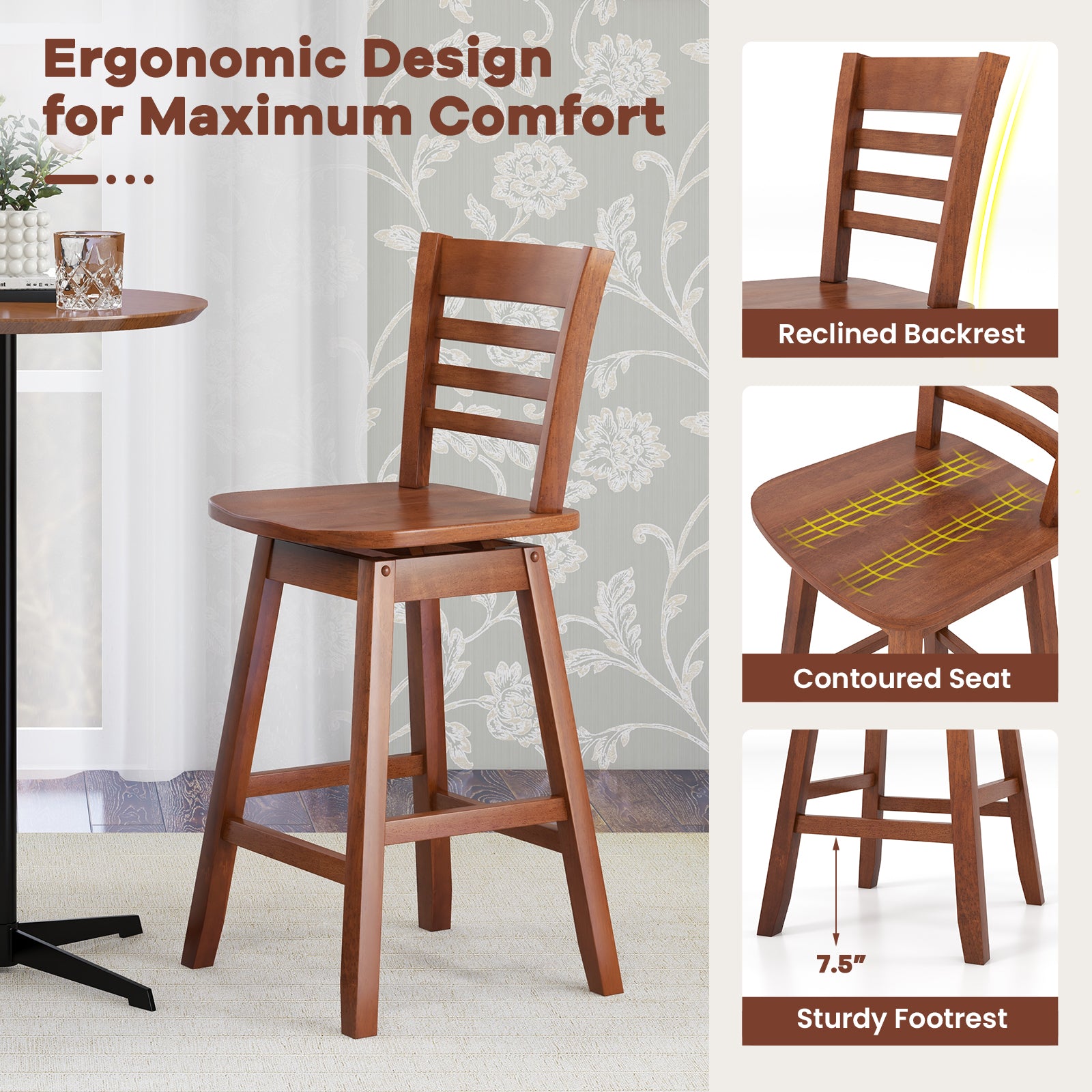 Counter Height Barstools Set of 2 with Footrest for Kitchen Island Bar, Walnut Bar Stools at Gallery Canada