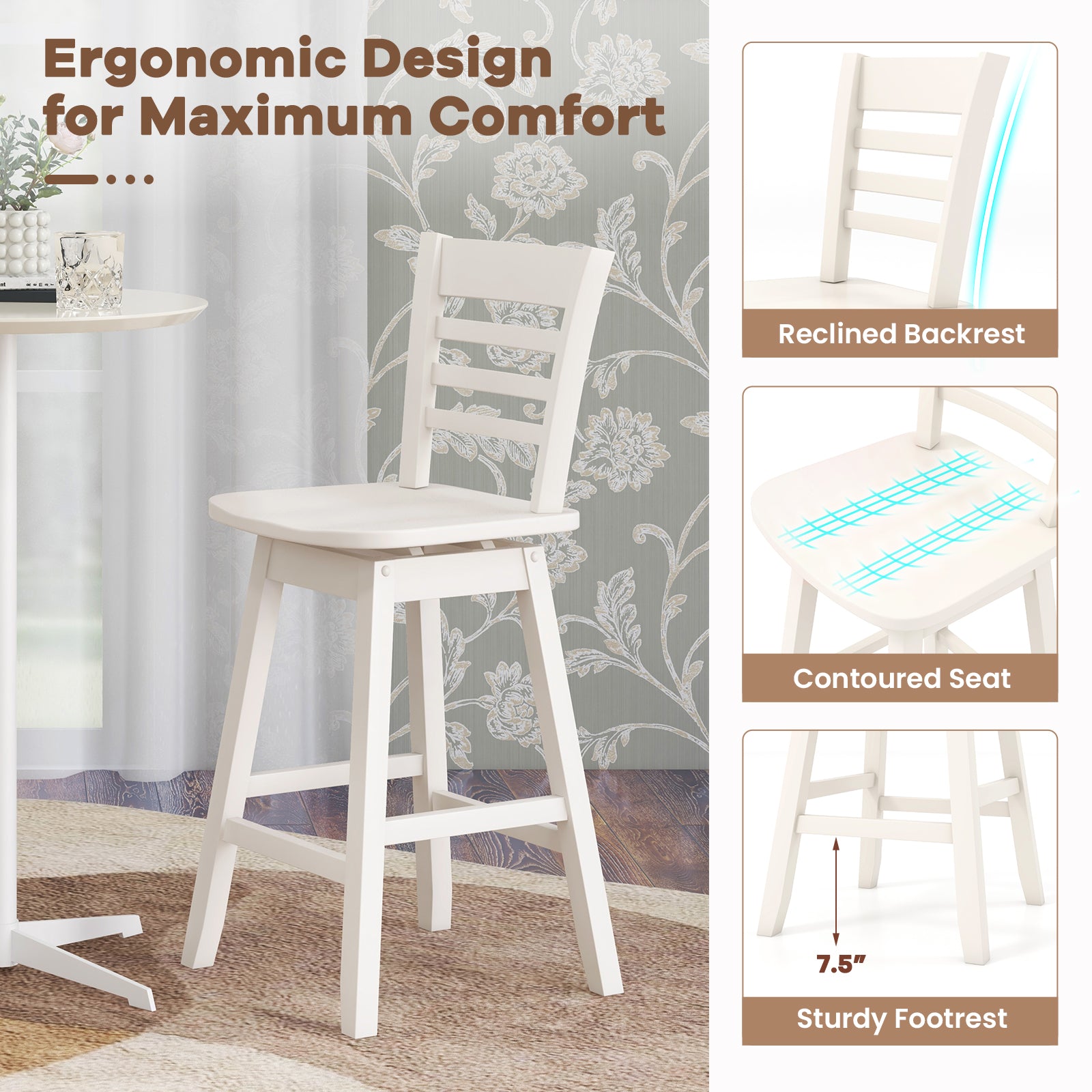 Counter Height Barstools Set of 2 with Footrest for Kitchen Island Bar, Cream White Bar Stools at Gallery Canada