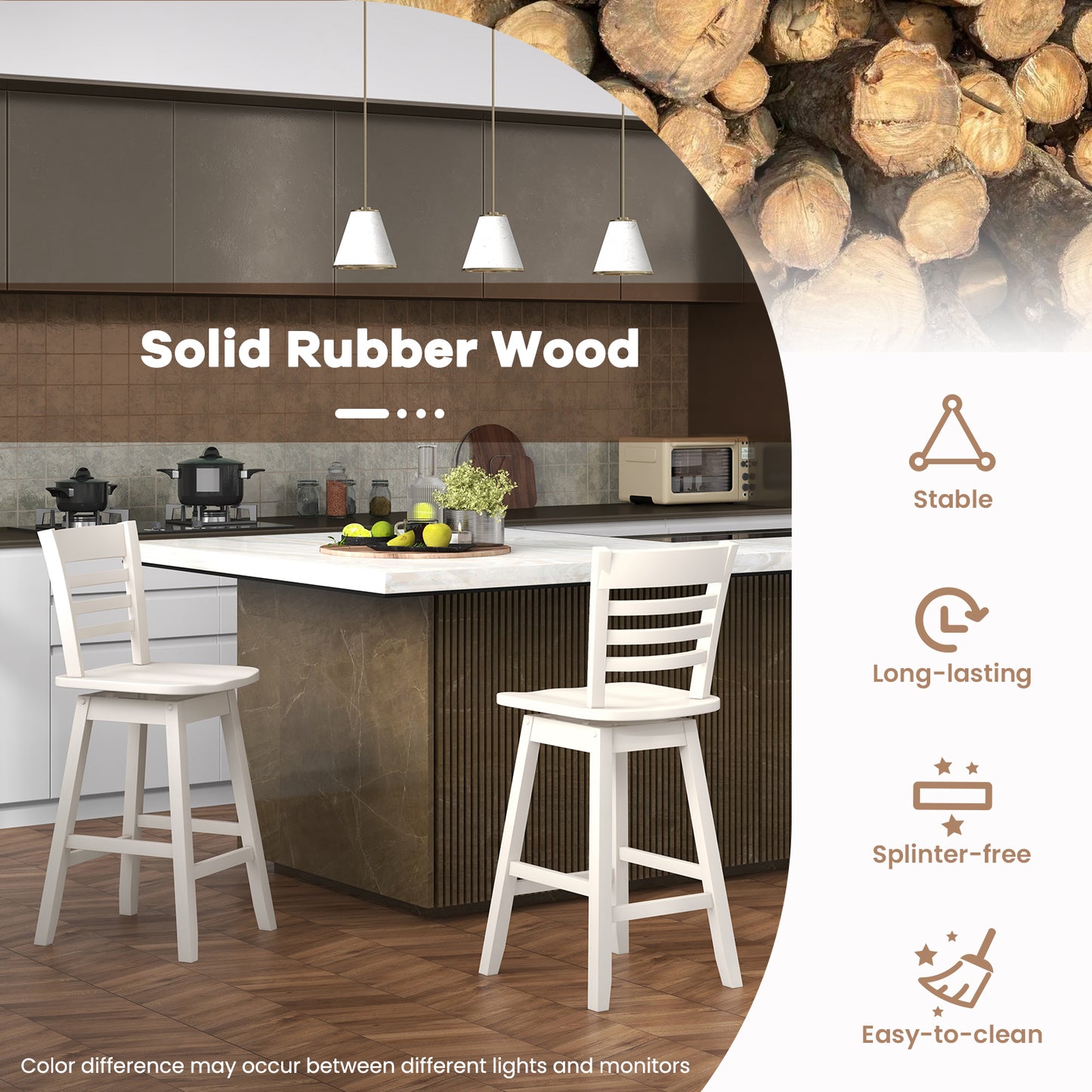 Counter Height Barstools Set of 2 with Footrest for Kitchen Island Bar, Cream White Bar Stools at Gallery Canada