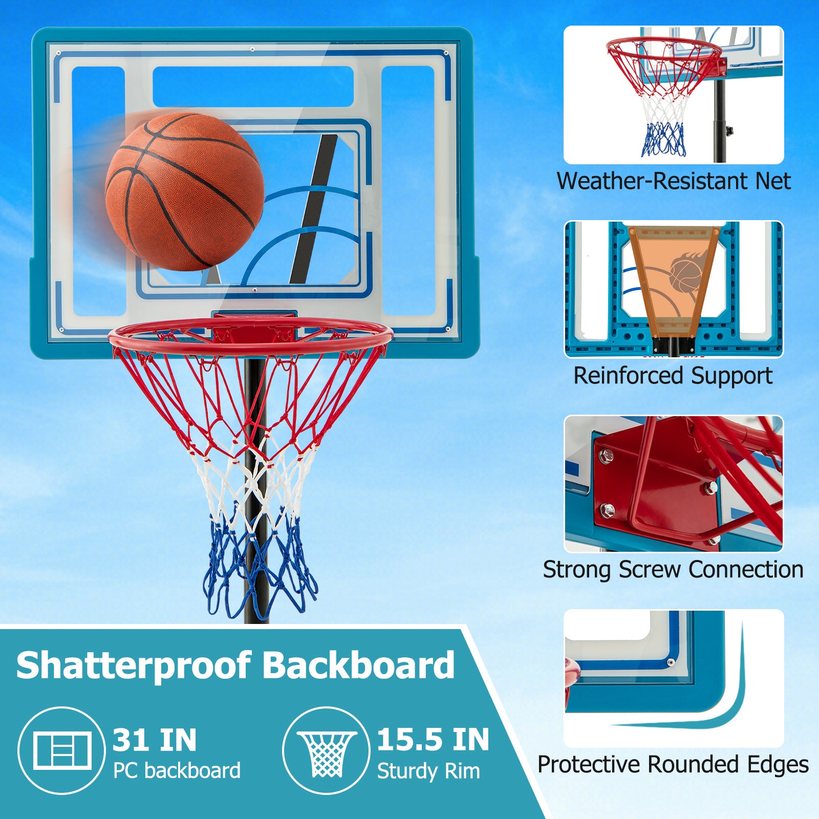 3.8-4.4 Feet Height Adjustable Pool Basketball Hoop for Kids Teens and Adults, Blue Sport Equipments at Gallery Canada