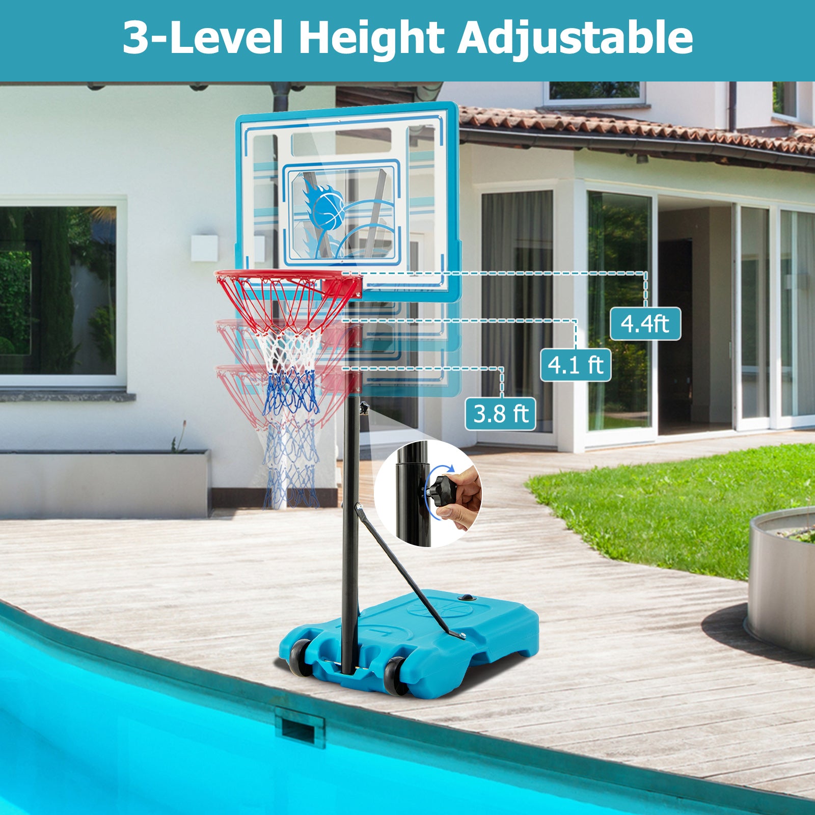 3.8-4.4 Feet Height Adjustable Pool Basketball Hoop for Kids Teens and Adults, Blue Sport Equipments at Gallery Canada