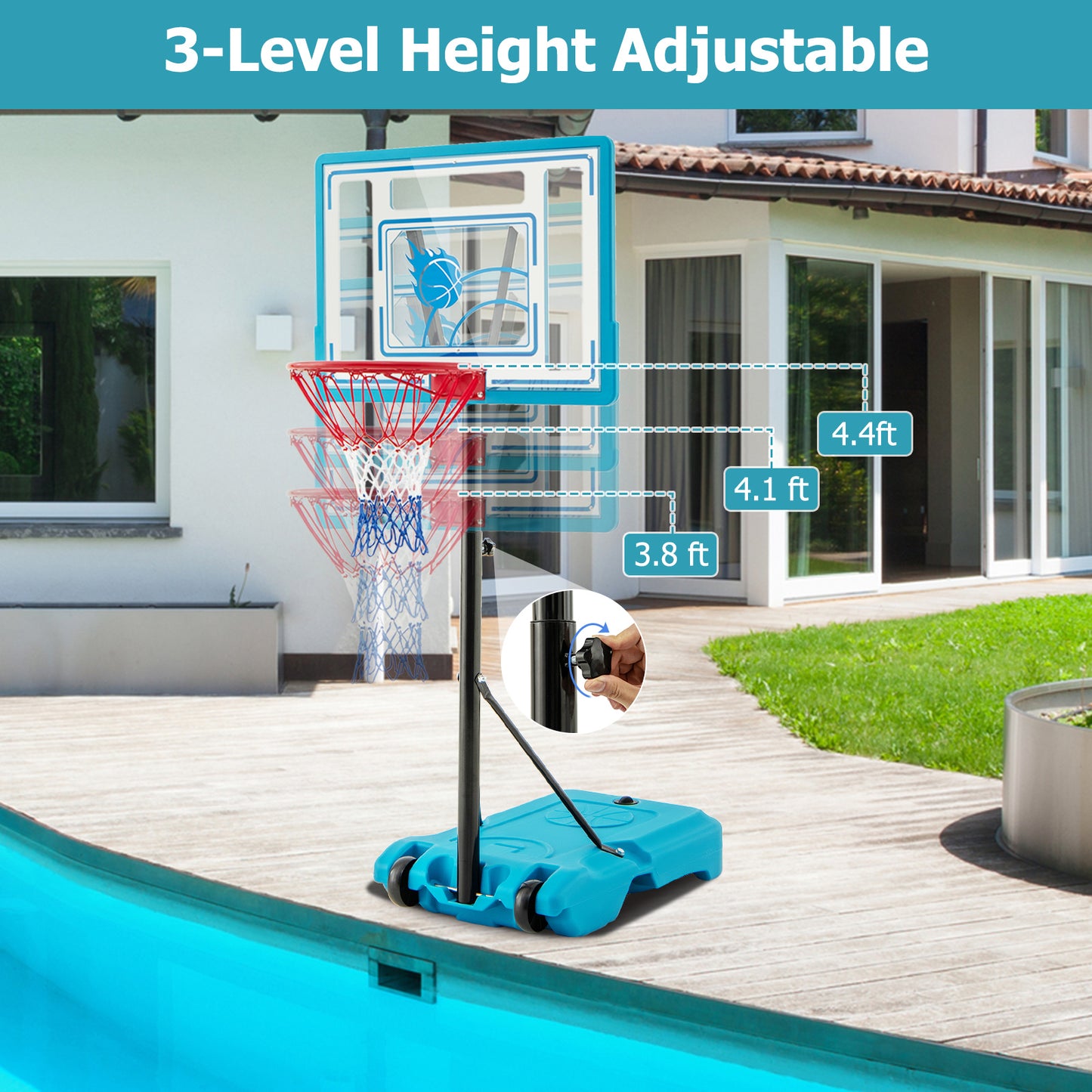 3.8-4.4 Feet Height Adjustable Pool Basketball Hoop for Kids Teens and Adults, Blue Sport Equipments at Gallery Canada