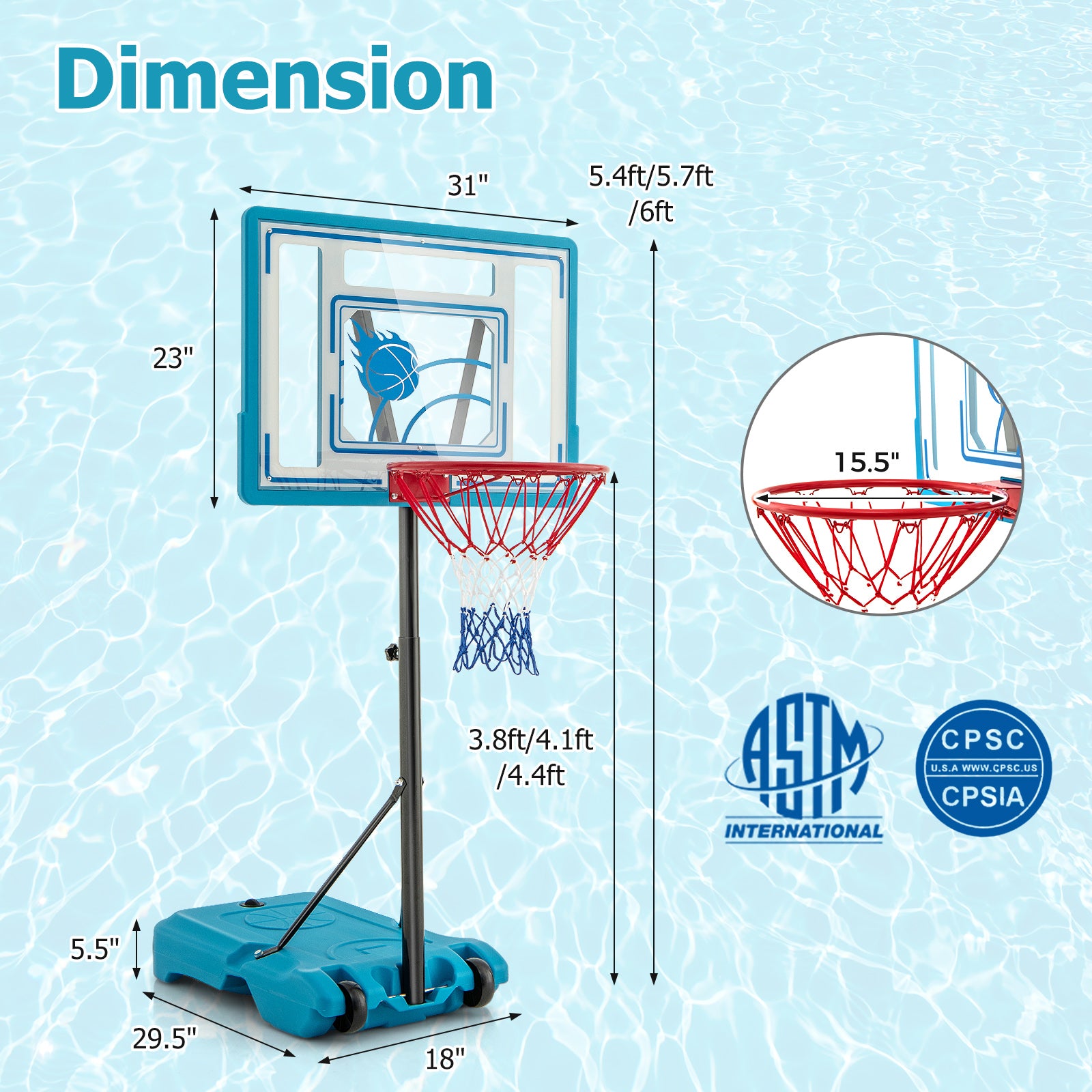 3.8-4.4 Feet Height Adjustable Pool Basketball Hoop for Kids Teens and Adults, Blue Sport Equipments at Gallery Canada