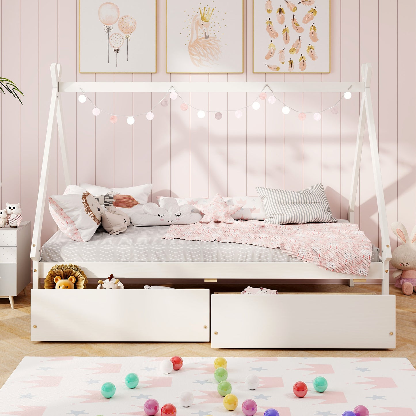 Twin Size Wooden Tent Platform House Bed with 2 Drawers, White Simple Bed Frame at Gallery Canada