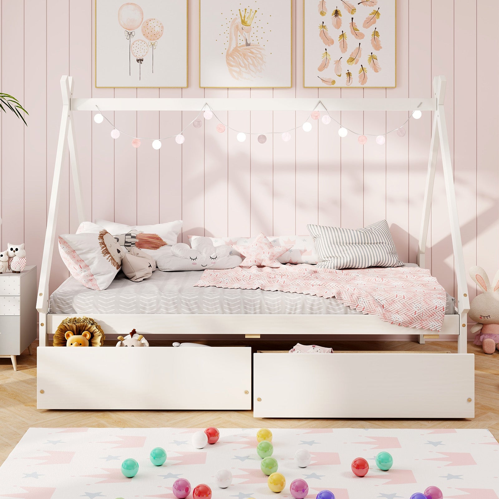 Twin Size Wooden Tent Platform House Bed with 2 Drawers, White Simple Bed Frame at Gallery Canada